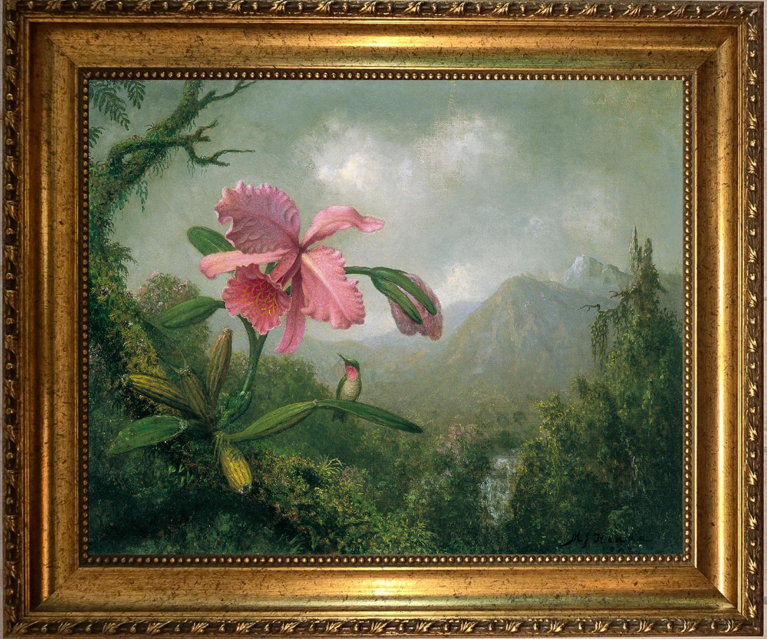 Orchid and Hummingbird Canvas Print with Vintage Golden Frame, Martin Johnson Heade Masterpiece FOSHE ART