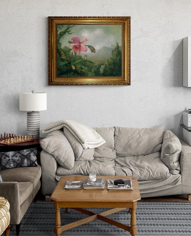 Orchid and Hummingbird Canvas Print with Vintage Golden Frame, Martin Johnson Heade Masterpiece FOSHE ART