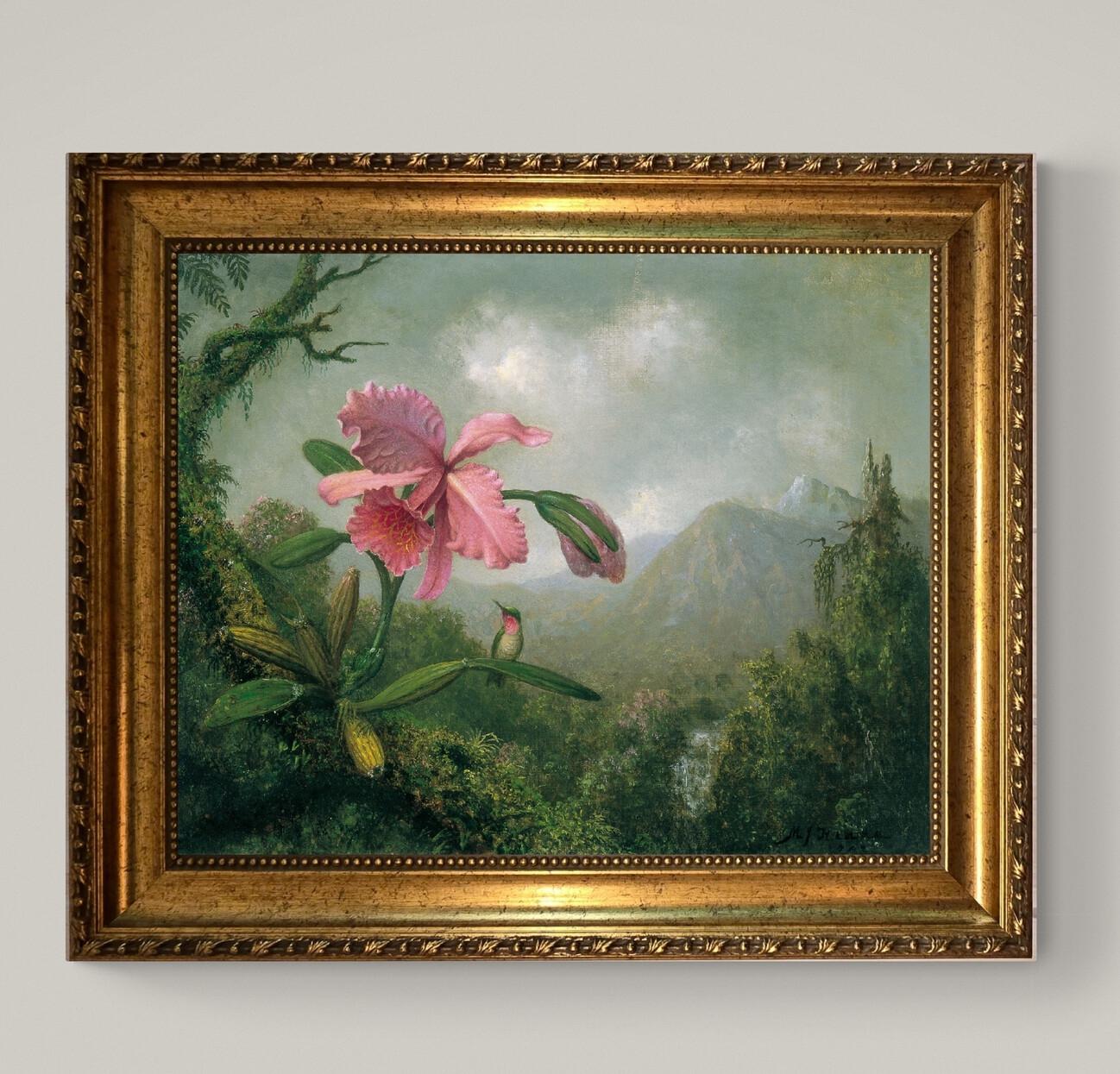 Orchid and Hummingbird Canvas Print with Vintage Golden Frame, Martin Johnson Heade Masterpiece FOSHE ART