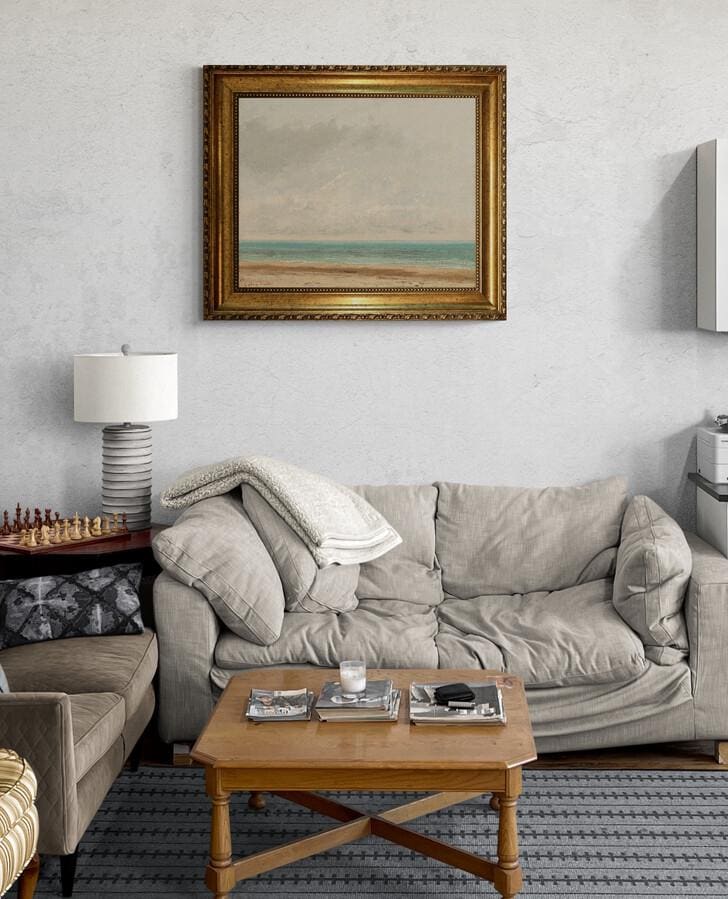 Gustave Courbet "Calm Sea" 3D Canvas Print with Vintage Gold Frame, Brush Strokes FOSHE ART
