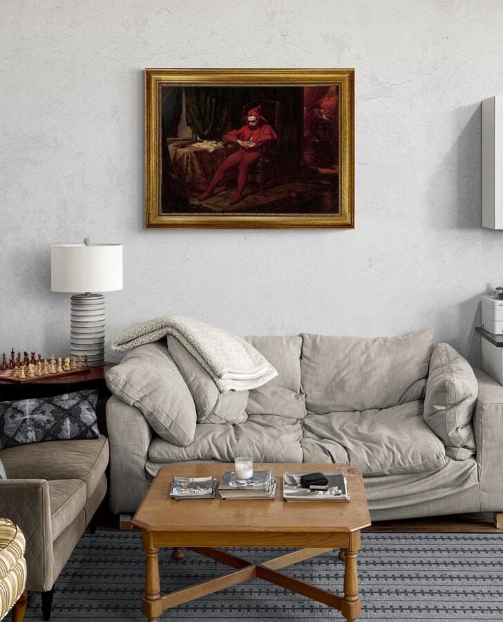 The Sad Jester Canvas Print: Vintage Golden Frame, Hand-Finished Brush Strokes FOSHE ART