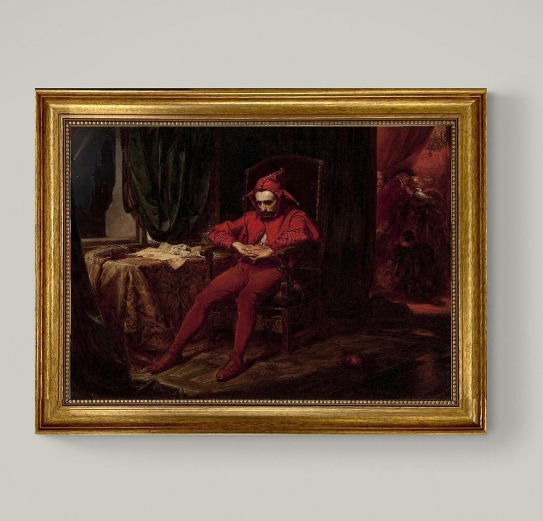 The Sad Jester Canvas Print: Vintage Golden Frame, Hand-Finished Brush Strokes FOSHE ART