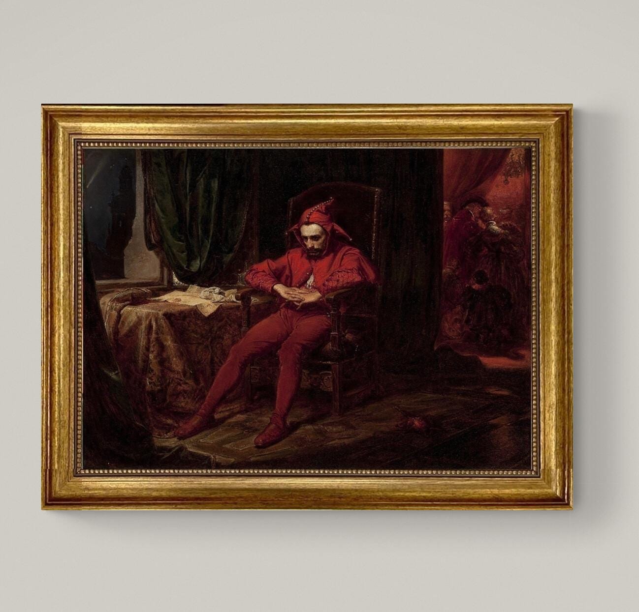 The Sad Jester Canvas Print: Vintage Golden Frame, Hand-Finished Brush Strokes FOSHE ART