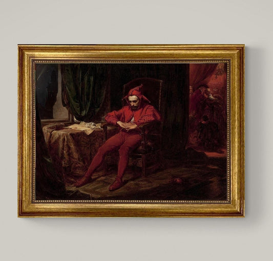 The Sad Jester Canvas Print: Vintage Golden Frame, Hand-Finished Brush Strokes FOSHE ART