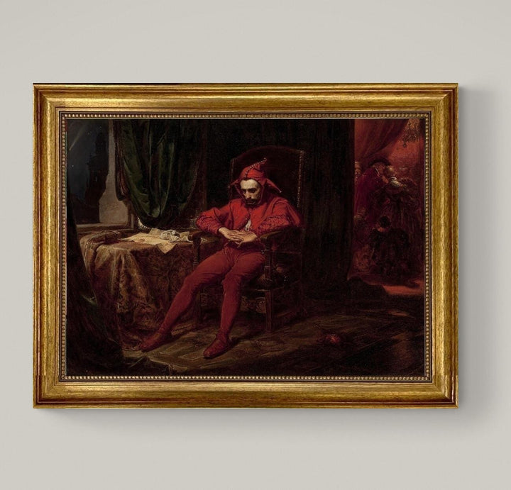 The Sad Jester Canvas Print: Vintage Golden Frame, Hand-Finished Brush Strokes FOSHE ART