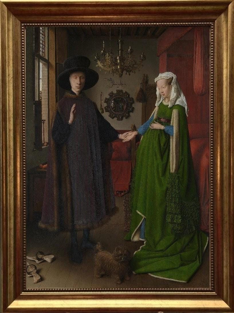 Arnolfini Portrait Canvas Print: Vintage Golden Frame, Hand-Finished Brush Strokes, looks like original painting FOSHE ART