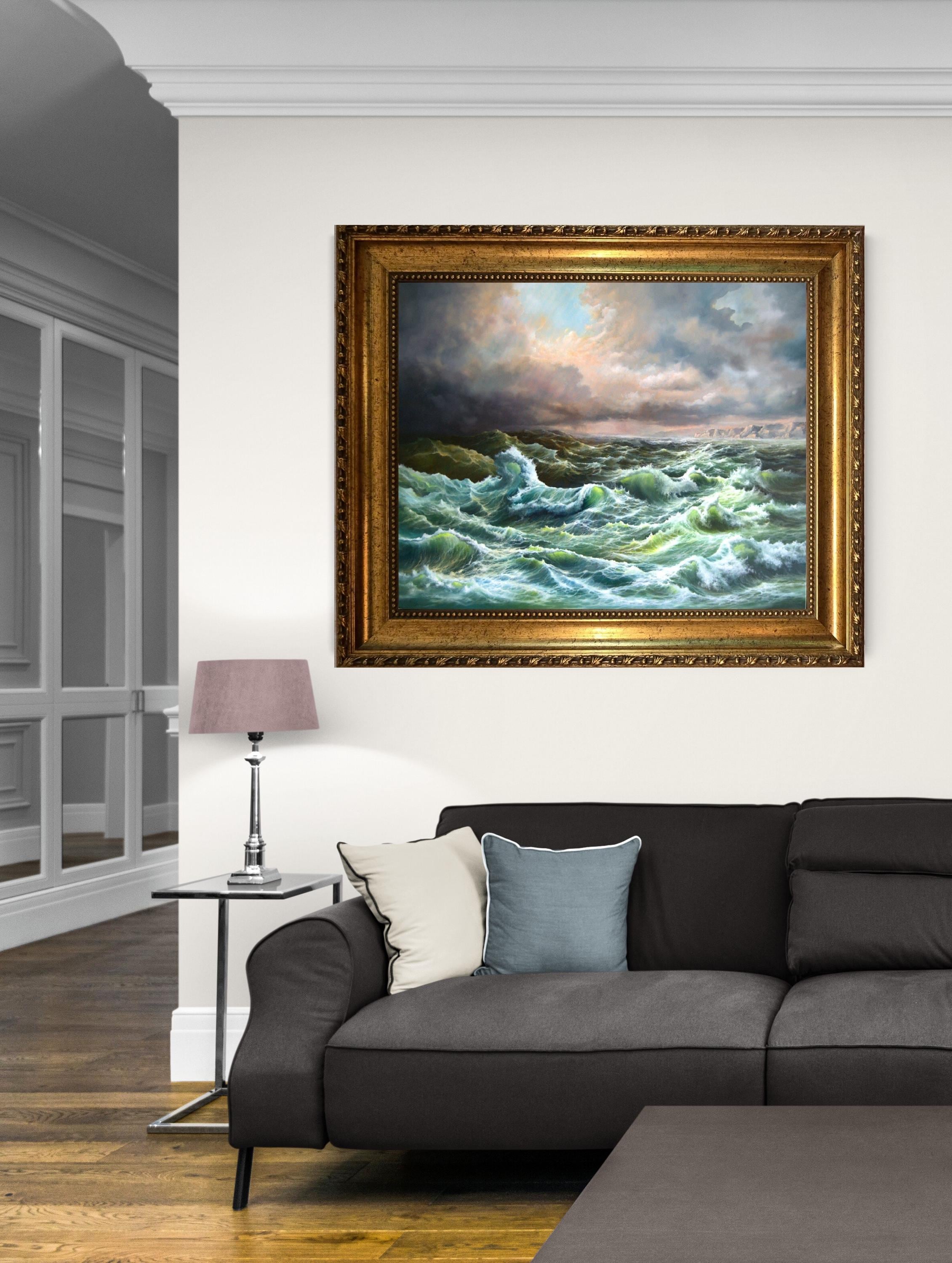 Open Sea 3D Canvas Print: Robert Zietara Signed Painting with Vintage Golden Frame FOSHE ART