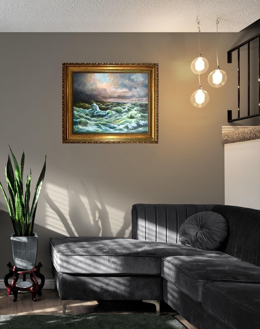 Open Sea 3D Canvas Print: Robert Zietara Signed Painting with Vintage Golden Frame FOSHE ART