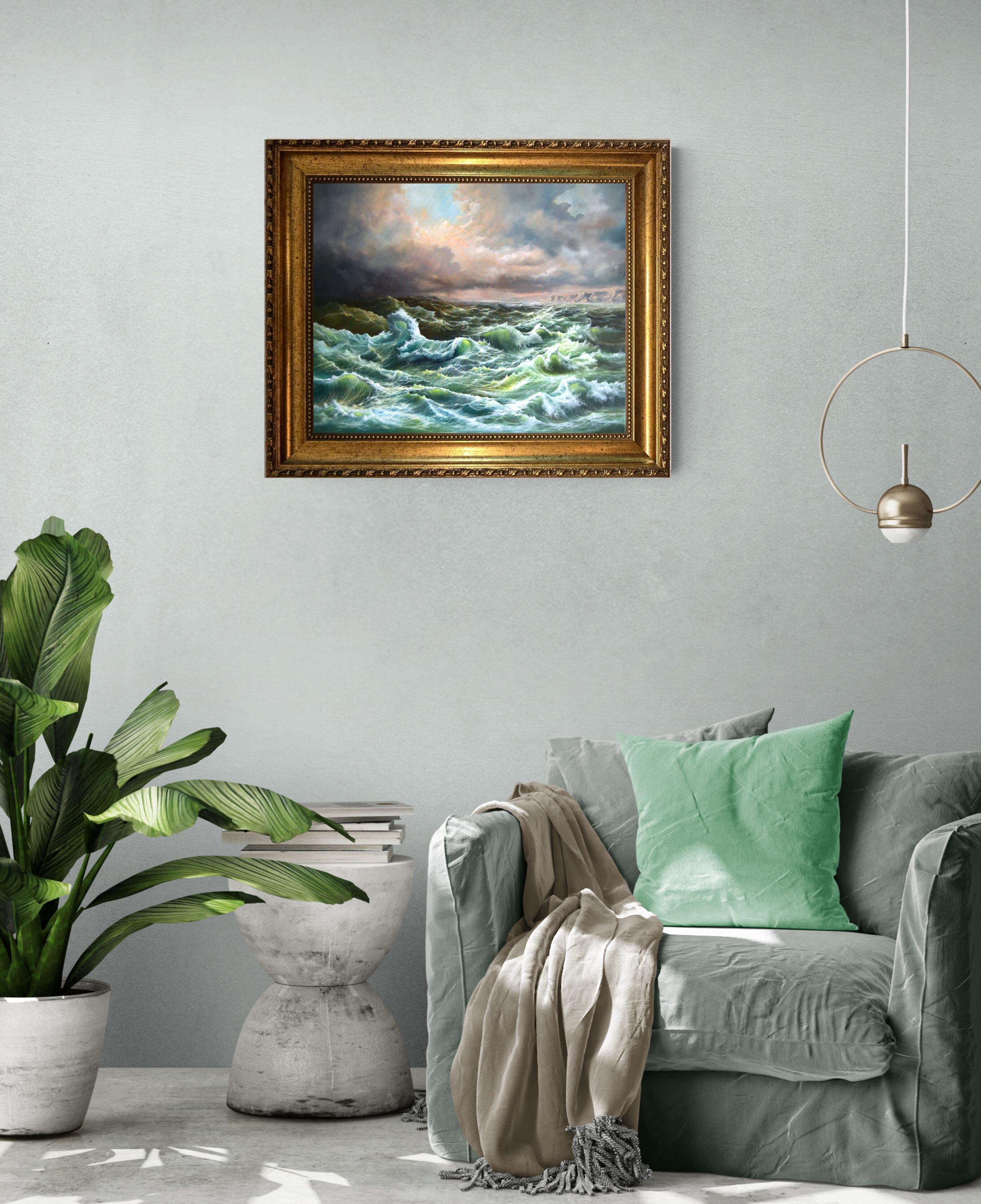 Open Sea 3D Canvas Print: Robert Zietara Signed Painting with Vintage Golden Frame FOSHE ART