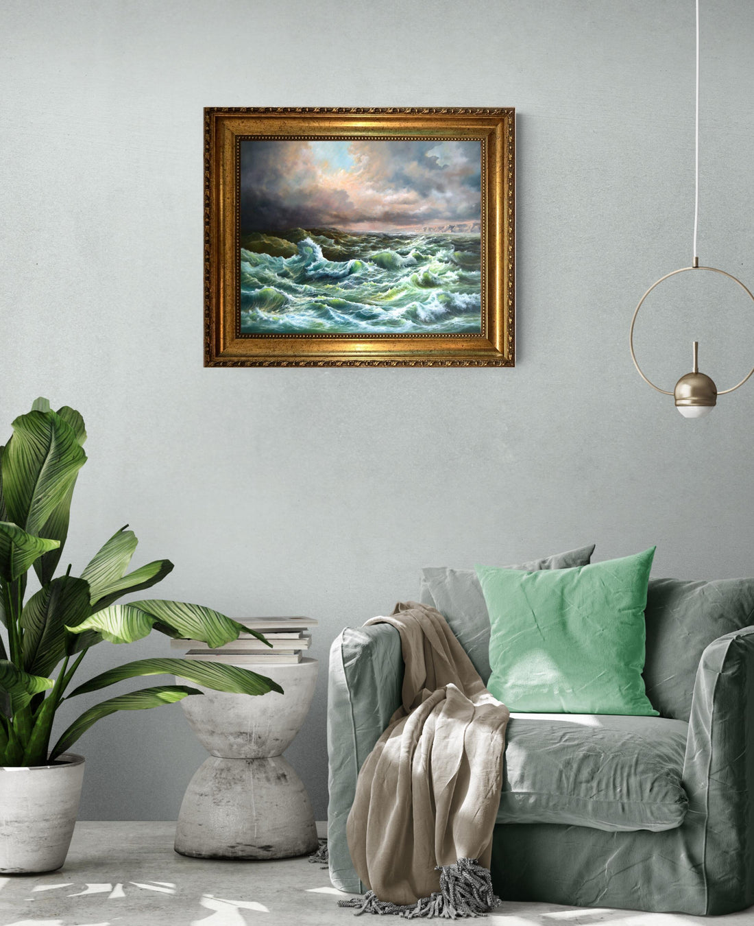 Open Sea 3D Canvas Print: Robert Zietara Signed Painting with Vintage Golden Frame FOSHE ART