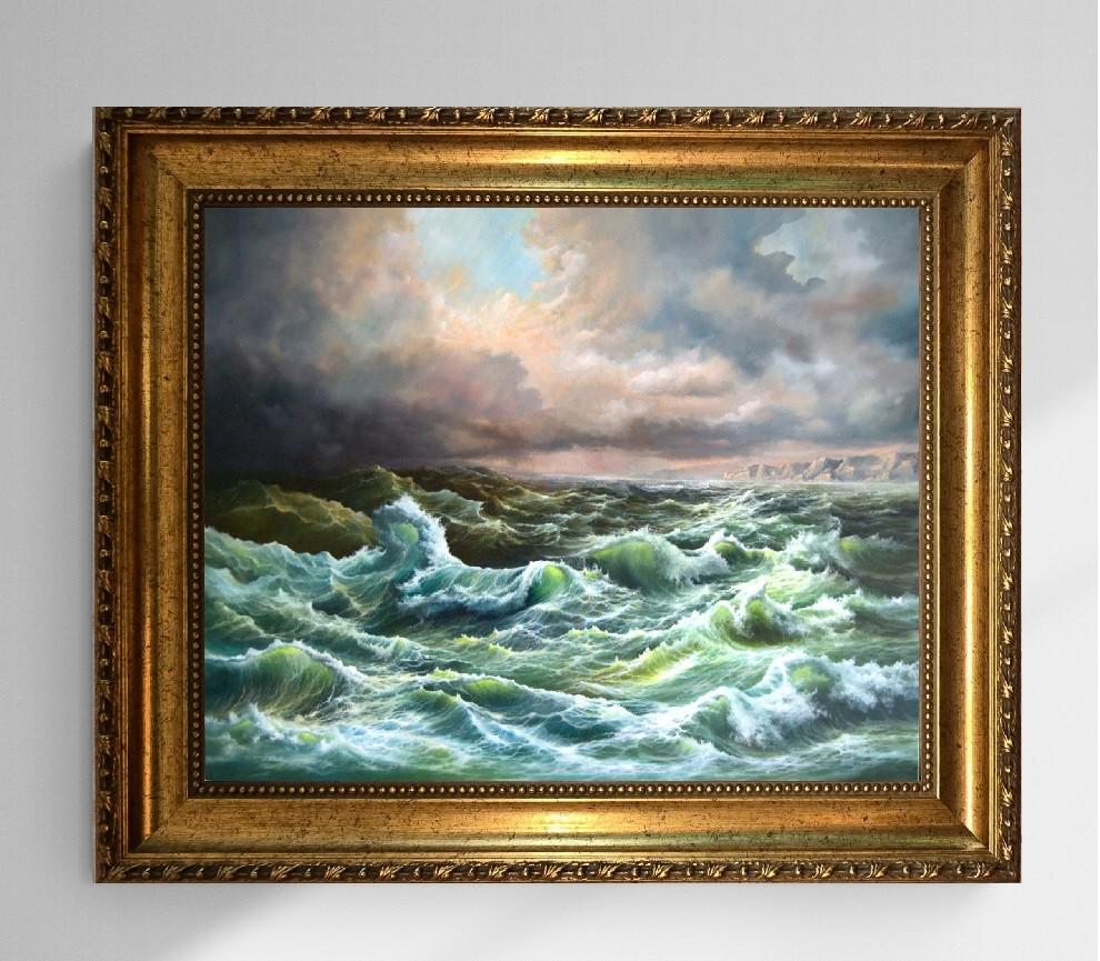 Open Sea 3D Canvas Print: Robert Zietara Signed Painting with Vintage Golden Frame FOSHE ART