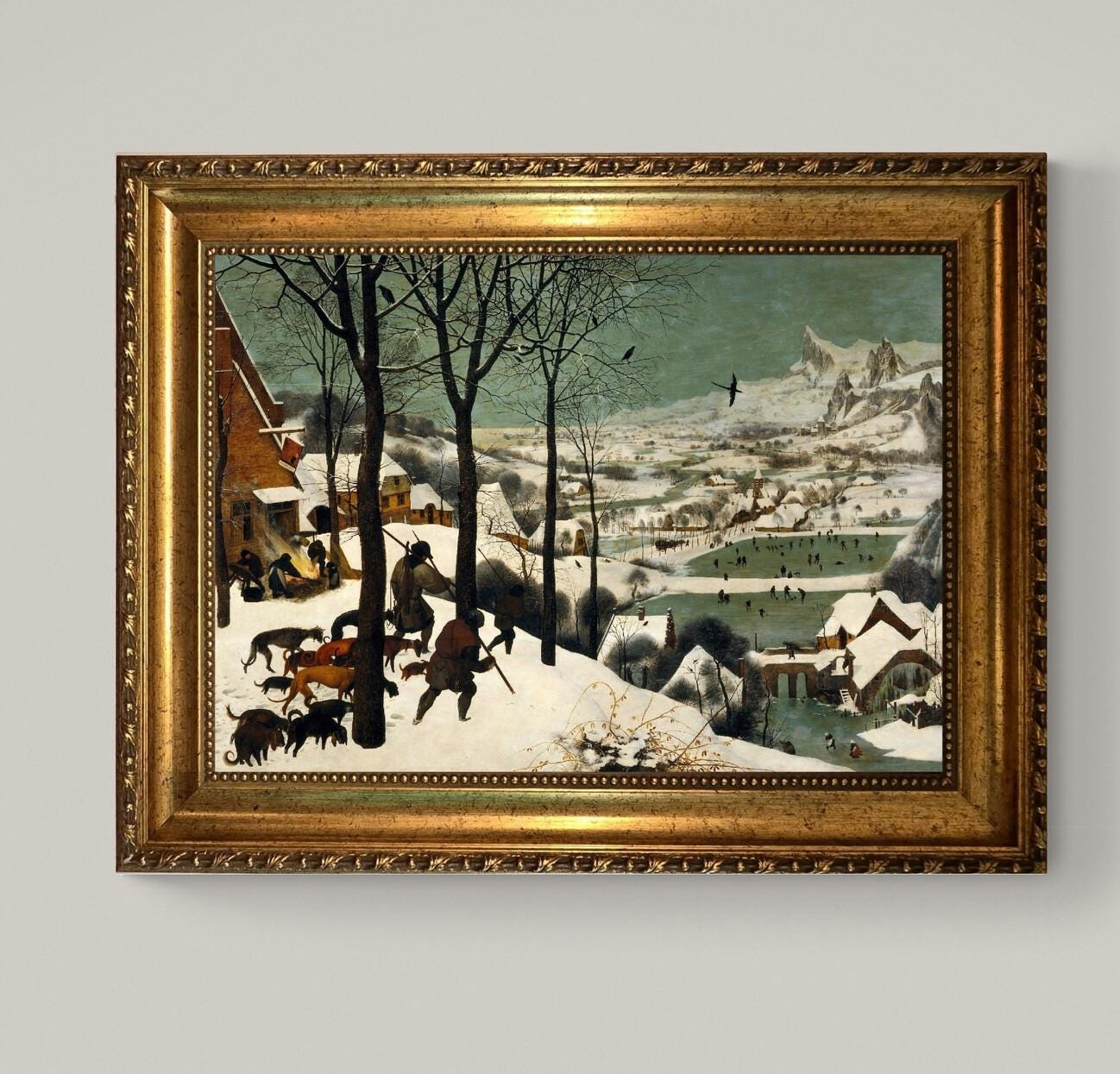 Hunters in the Snow, 3D Hand-Finished Canvas Print, Vintage Golden Frame FOSHE ART