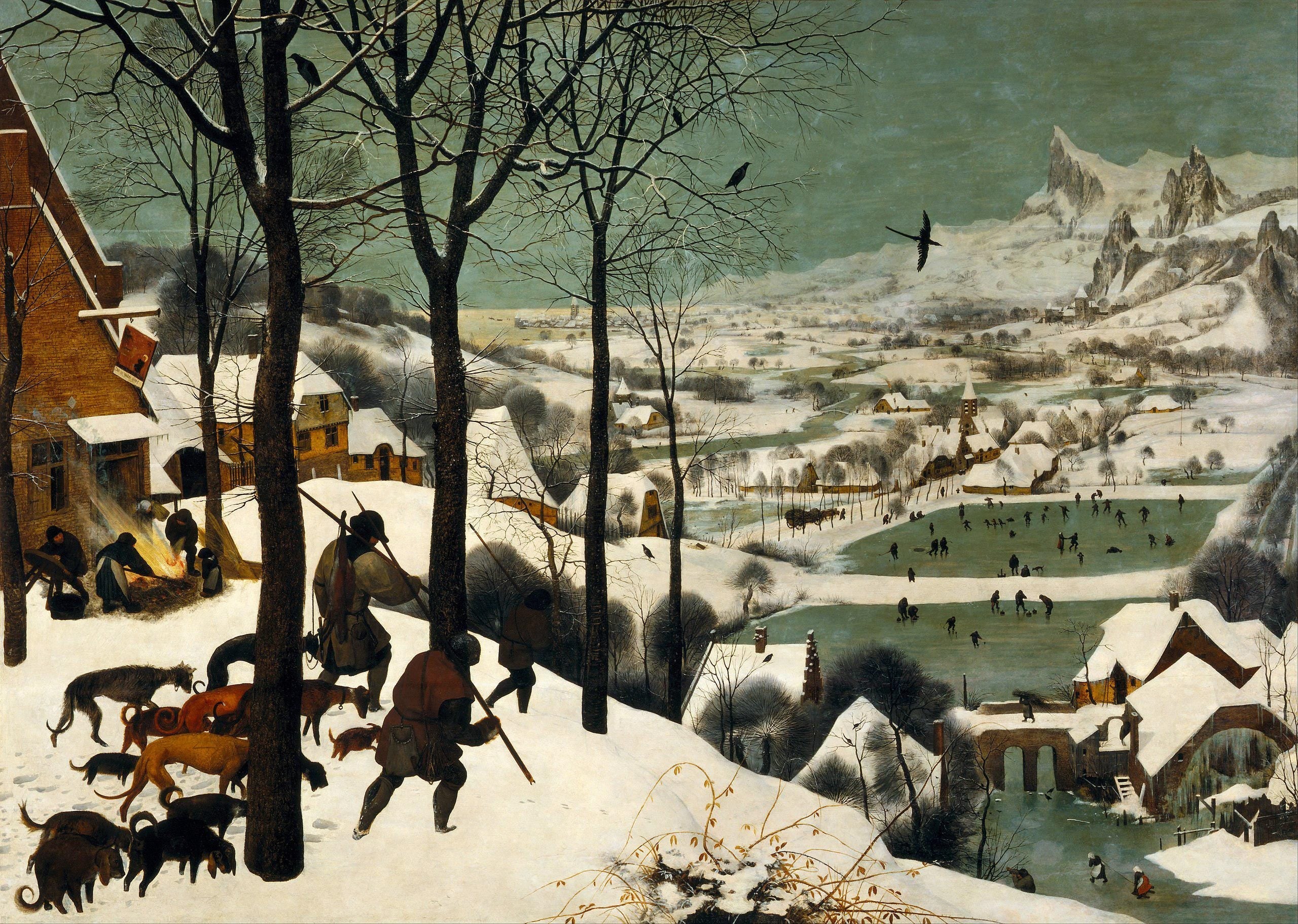 Hunters in the Snow, 3D Hand-Finished Canvas Print, Vintage Golden Frame FOSHE ART