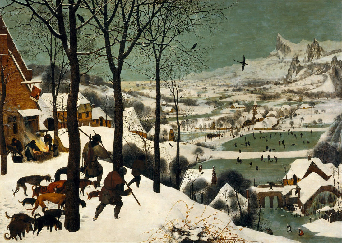 Hunters in the Snow, 3D Hand-Finished Canvas Print, Vintage Golden Frame FOSHE ART