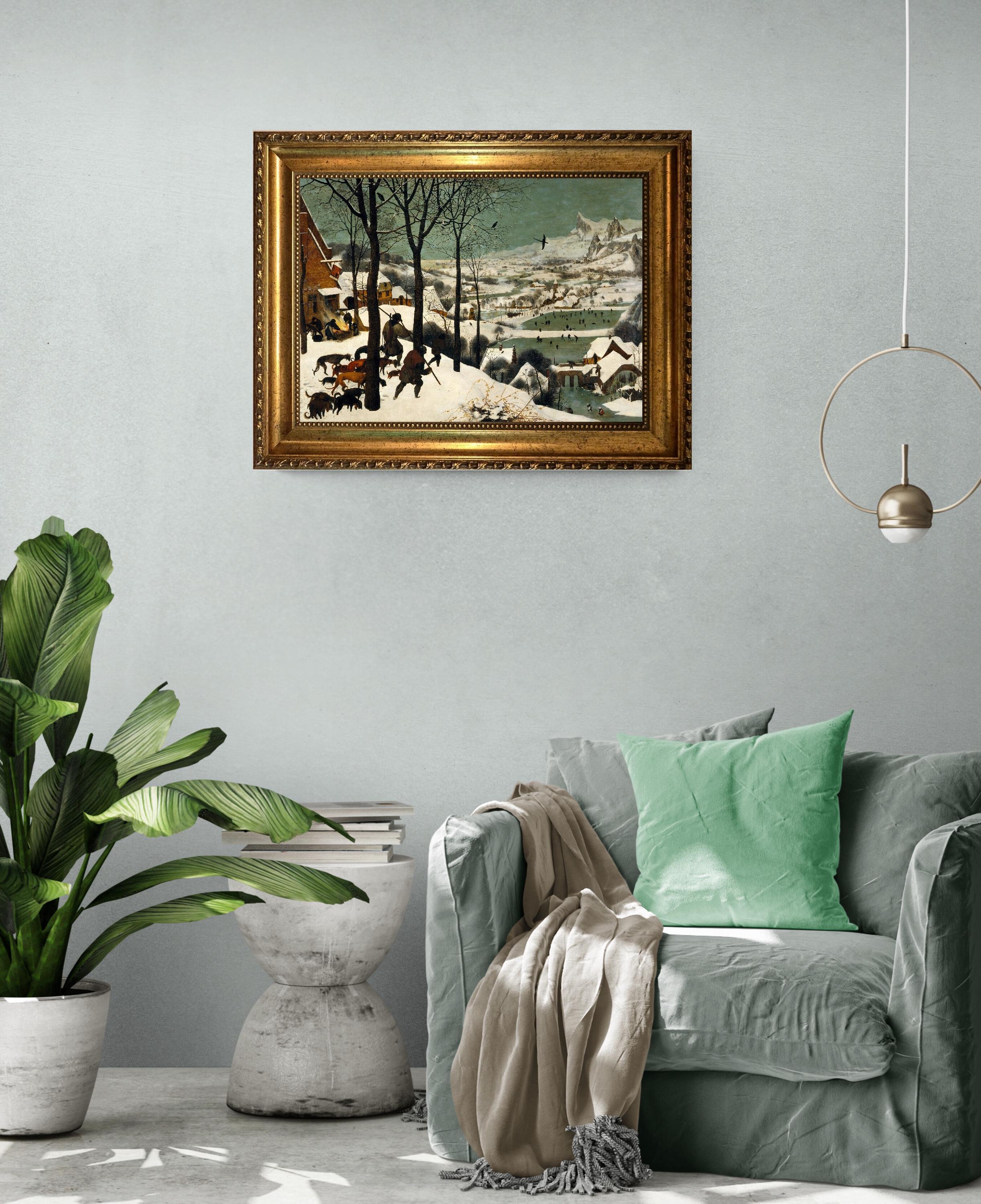 Hunters in the Snow, 3D Hand-Finished Canvas Print, Vintage Golden Frame FOSHE ART