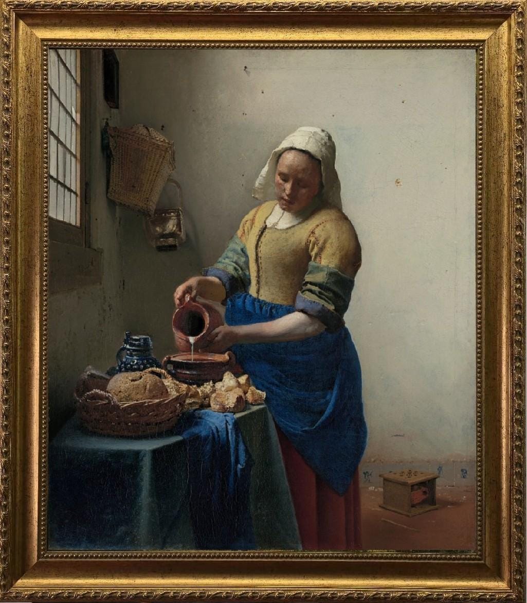 Vermeer's Milkmaid 3D Canvas Print: Vintage Golden Frame, Brush Strokes FOSHE ART