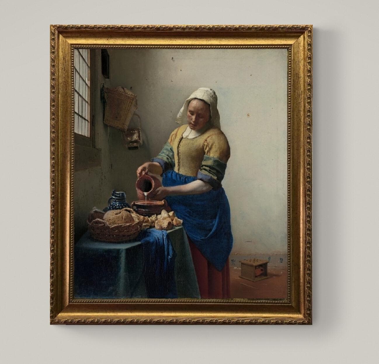 Vermeer's Milkmaid 3D Canvas Print: Vintage Golden Frame, Brush Strokes FOSHE ART