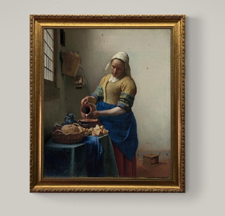 Vermeer's Milkmaid 3D Canvas Print: Vintage Golden Frame, Brush Strokes FOSHE ART