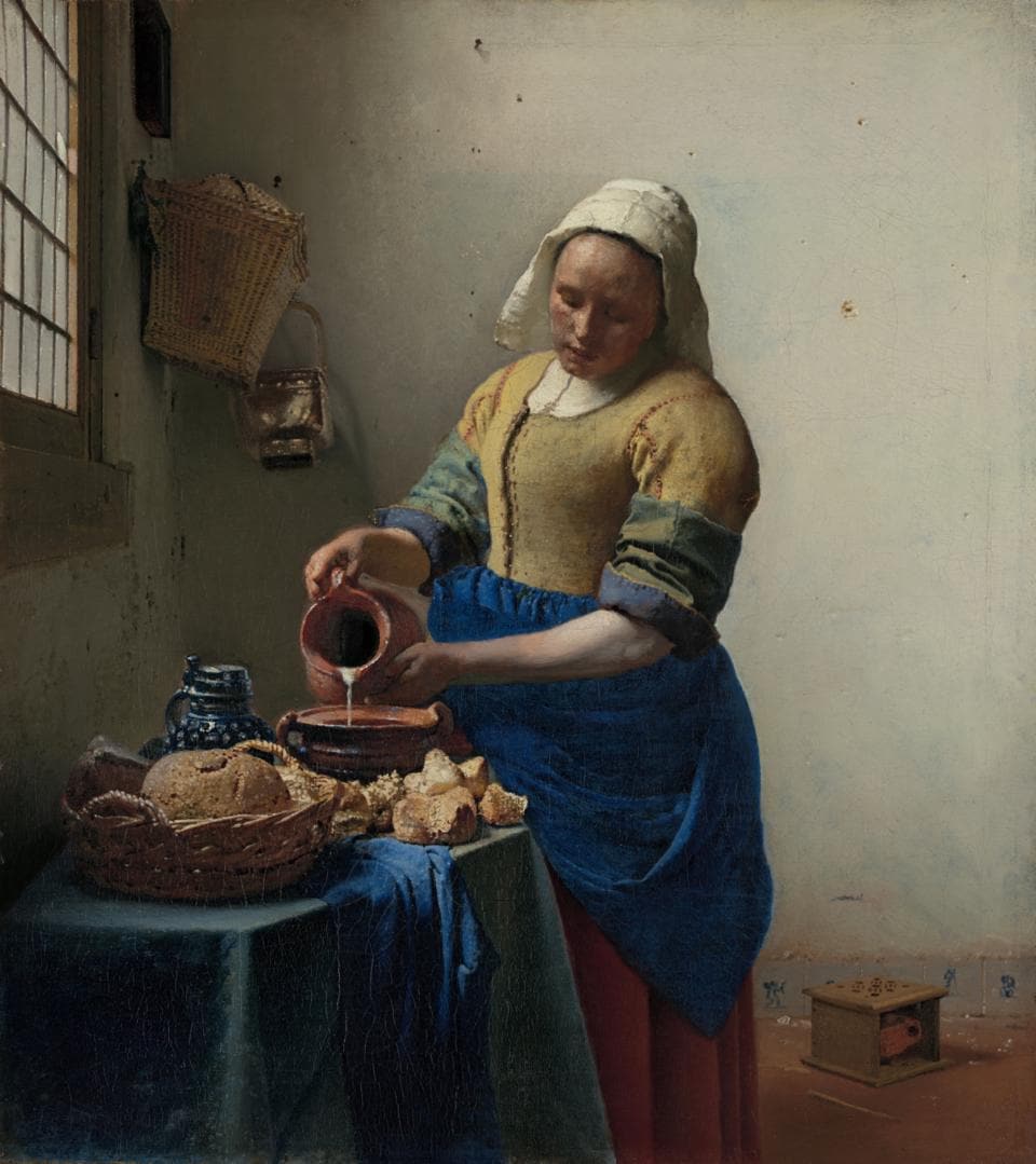 Vermeer's Milkmaid 3D Canvas Print: Vintage Golden Frame, Brush Strokes FOSHE ART
