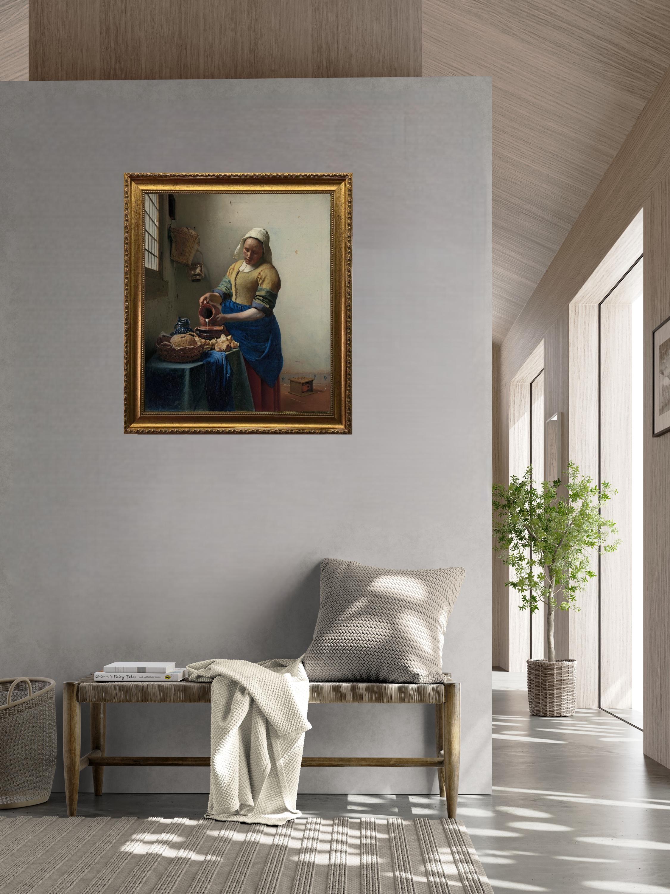Vermeer's Milkmaid 3D Canvas Print: Vintage Golden Frame, Brush Strokes FOSHE ART