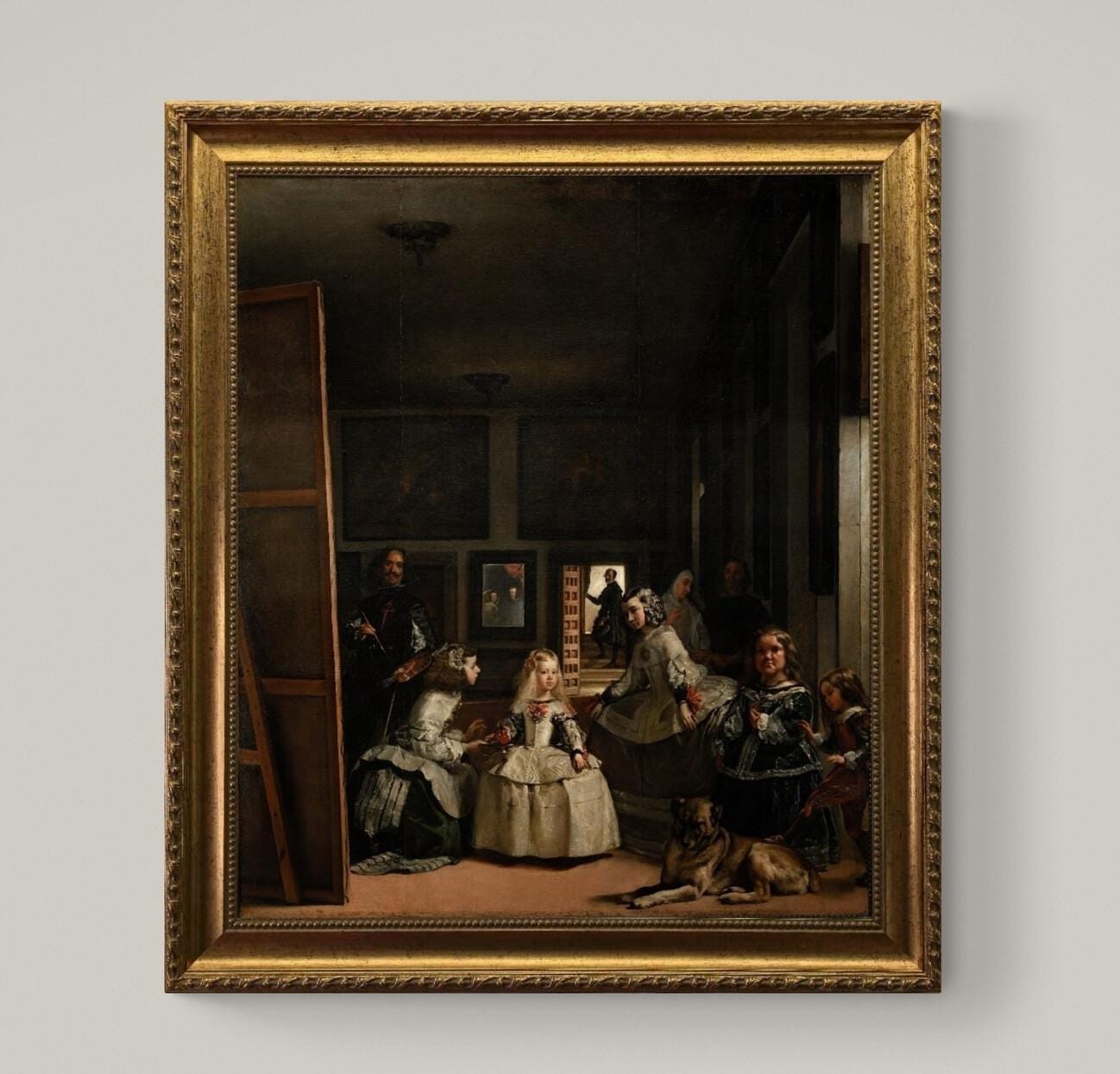 Las Meninas by Velázquez,  Canvas Print with Golden Vintage Frame and brush strokes FOSHE ART