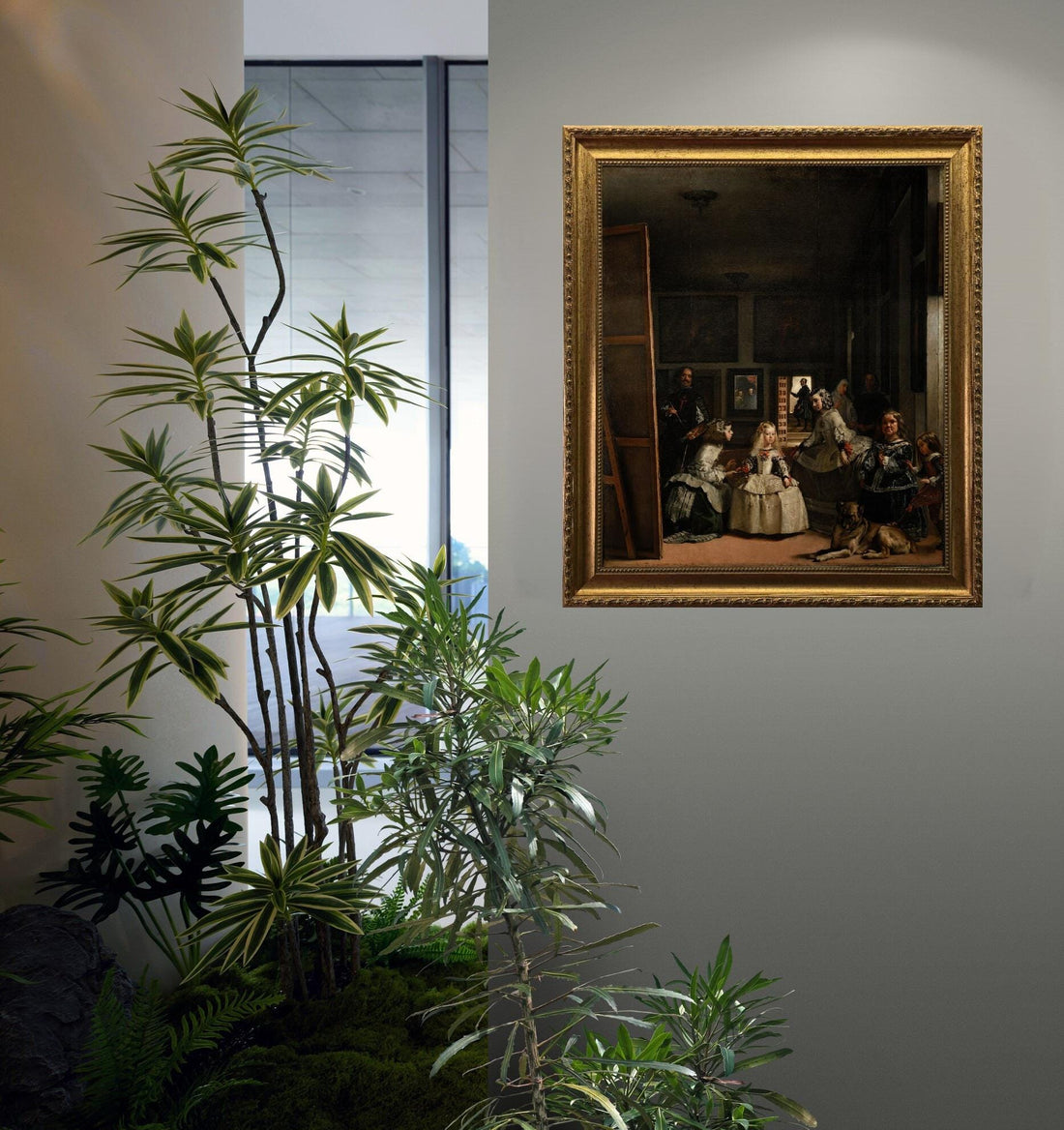 Las Meninas by Velázquez,  Canvas Print with Golden Vintage Frame and brush strokes FOSHE ART