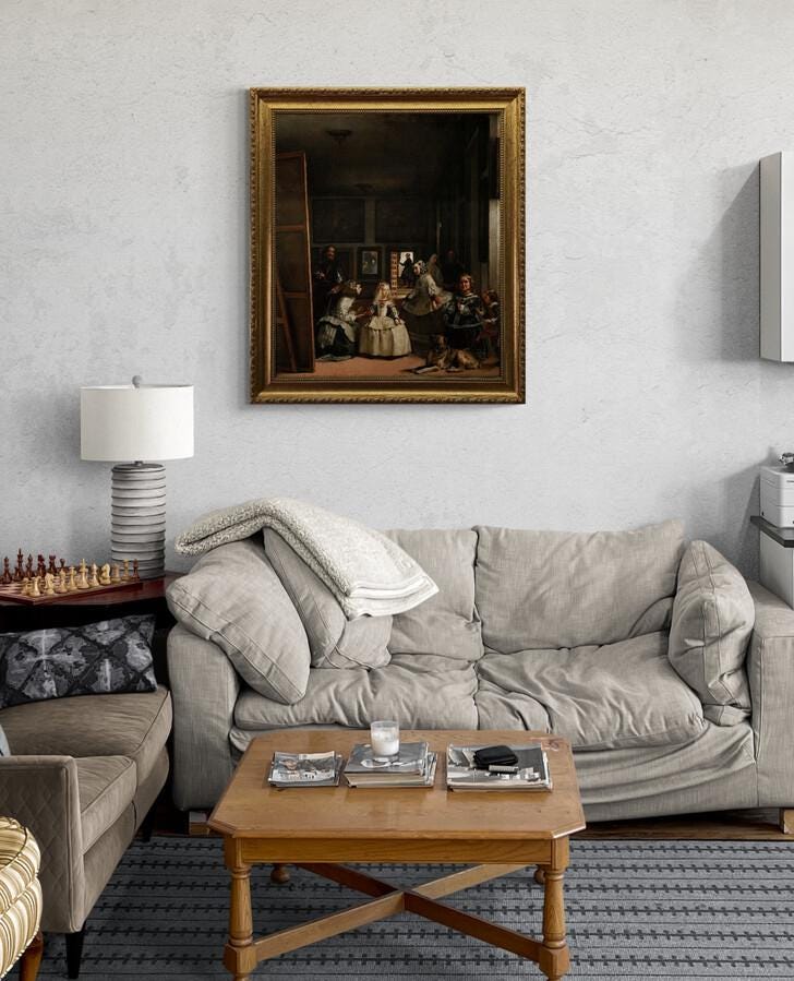 Las Meninas by Velázquez,  Canvas Print with Golden Vintage Frame and brush strokes FOSHE ART