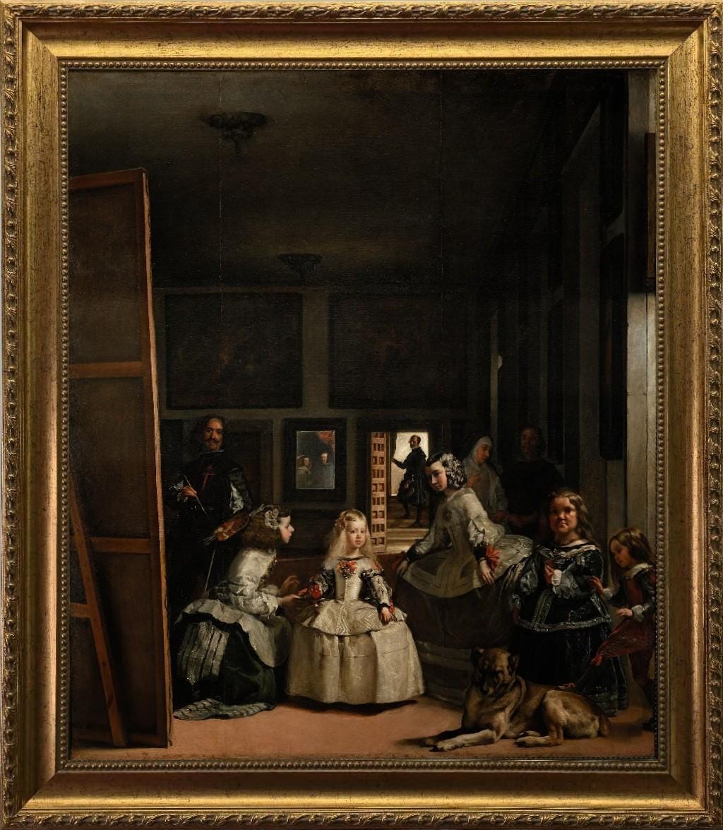 Las Meninas by Velázquez,  Canvas Print with Golden Vintage Frame and brush strokes FOSHE ART
