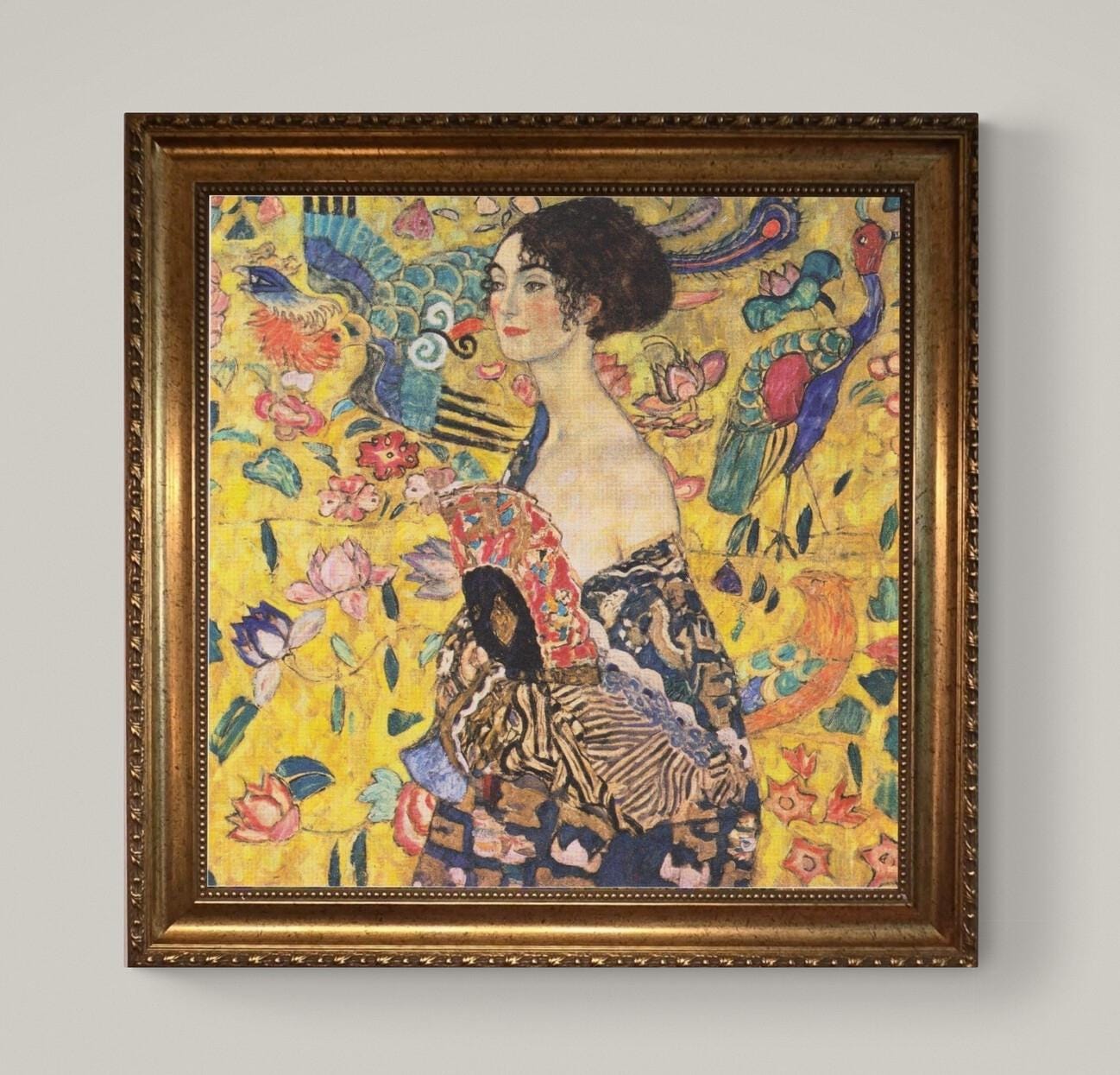 Klimt Lady With Fan Print on canvas: Brushstroke Texture, Golden Vintage Frame FOSHE ART