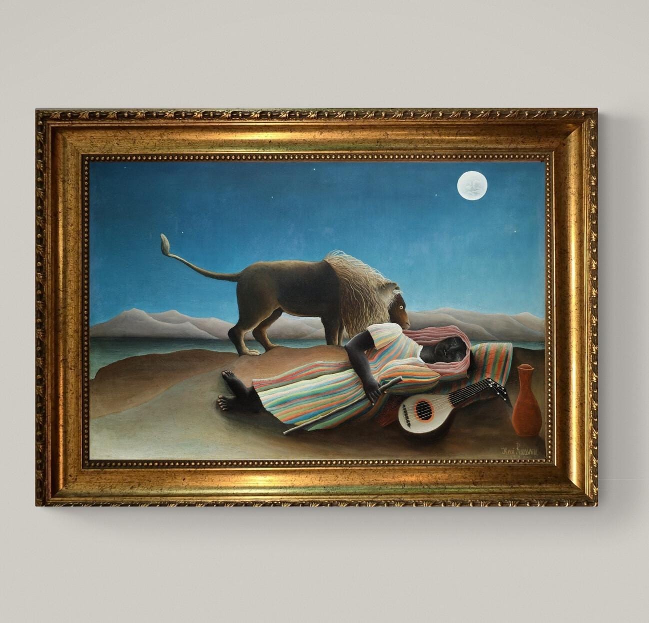 Henri Rousseau "The Sleeping Gypsy", 3D Hand-Finished Canvas Print, Vintage Golden Frame FOSHE ART