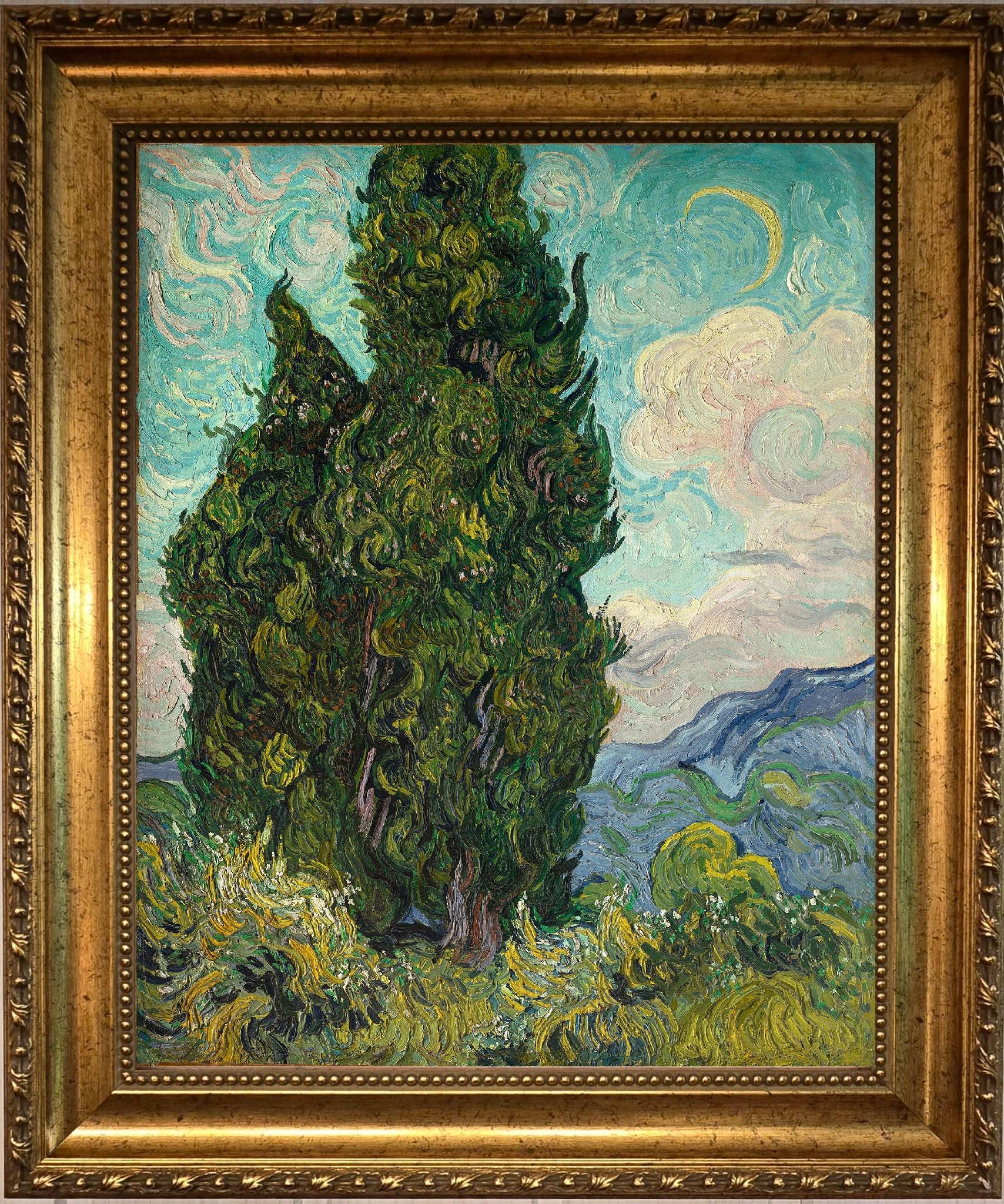 Van Gogh Cypresses 3D Canvas Print with Vintage Wooden Gold Frame, Brush Strokes FOSHE ART