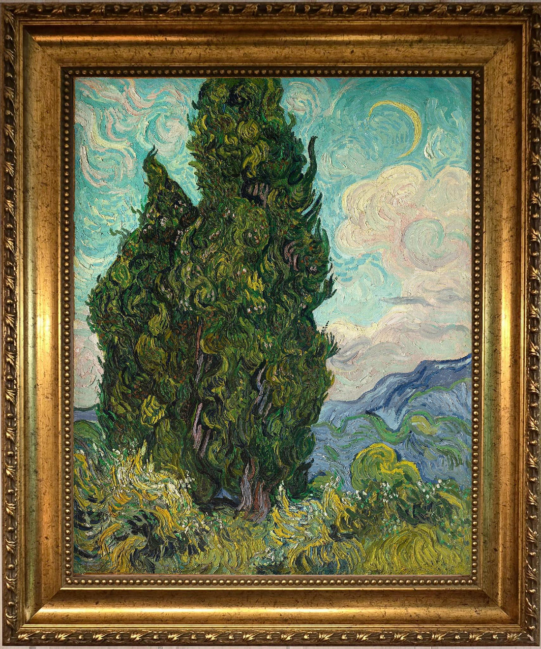 Van Gogh Cypresses 3D Canvas Print with Vintage Wooden Gold Frame, Brush Strokes FOSHE ART