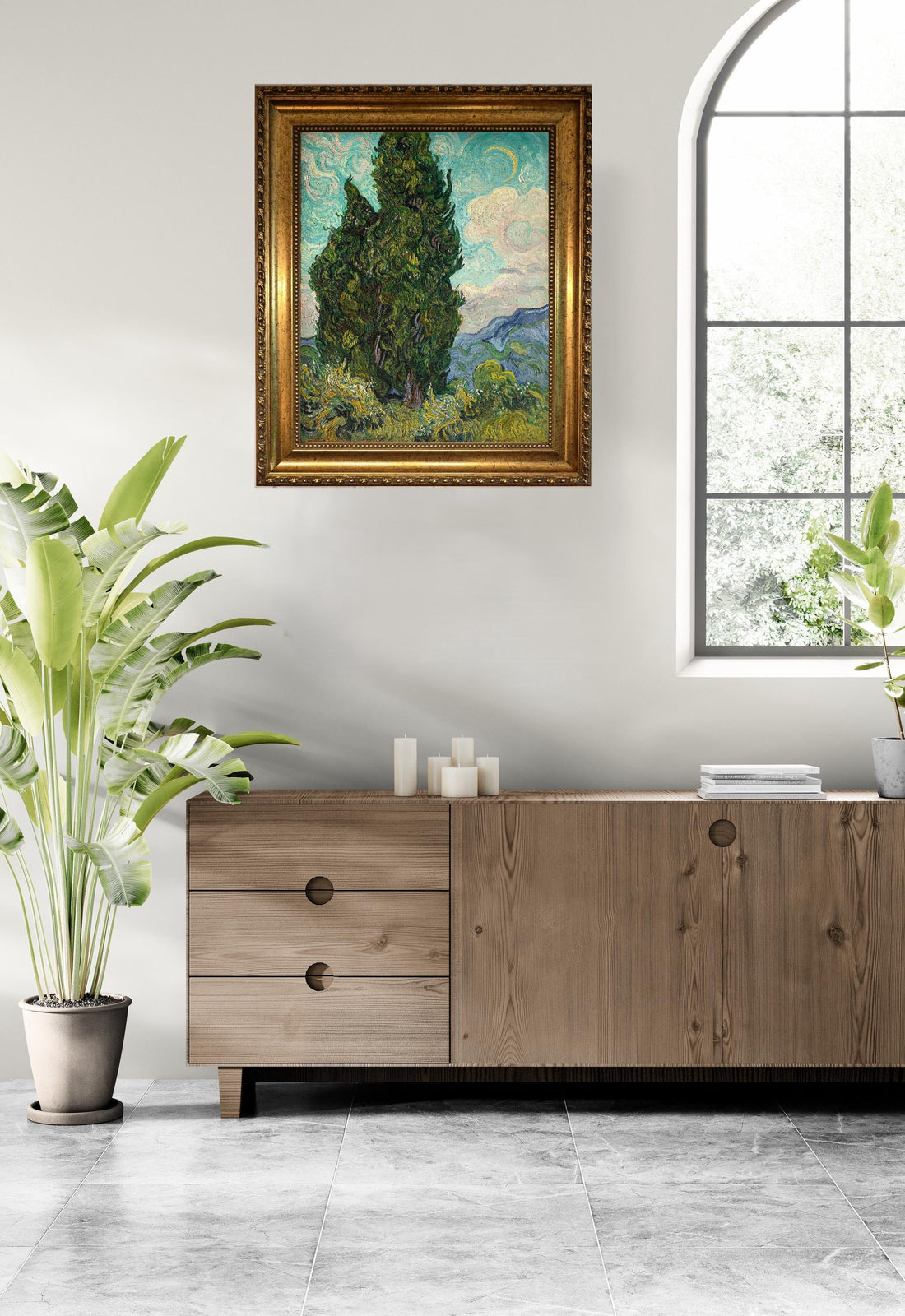 Van Gogh Cypresses 3D Canvas Print with Vintage Wooden Gold Frame, Brush Strokes FOSHE ART