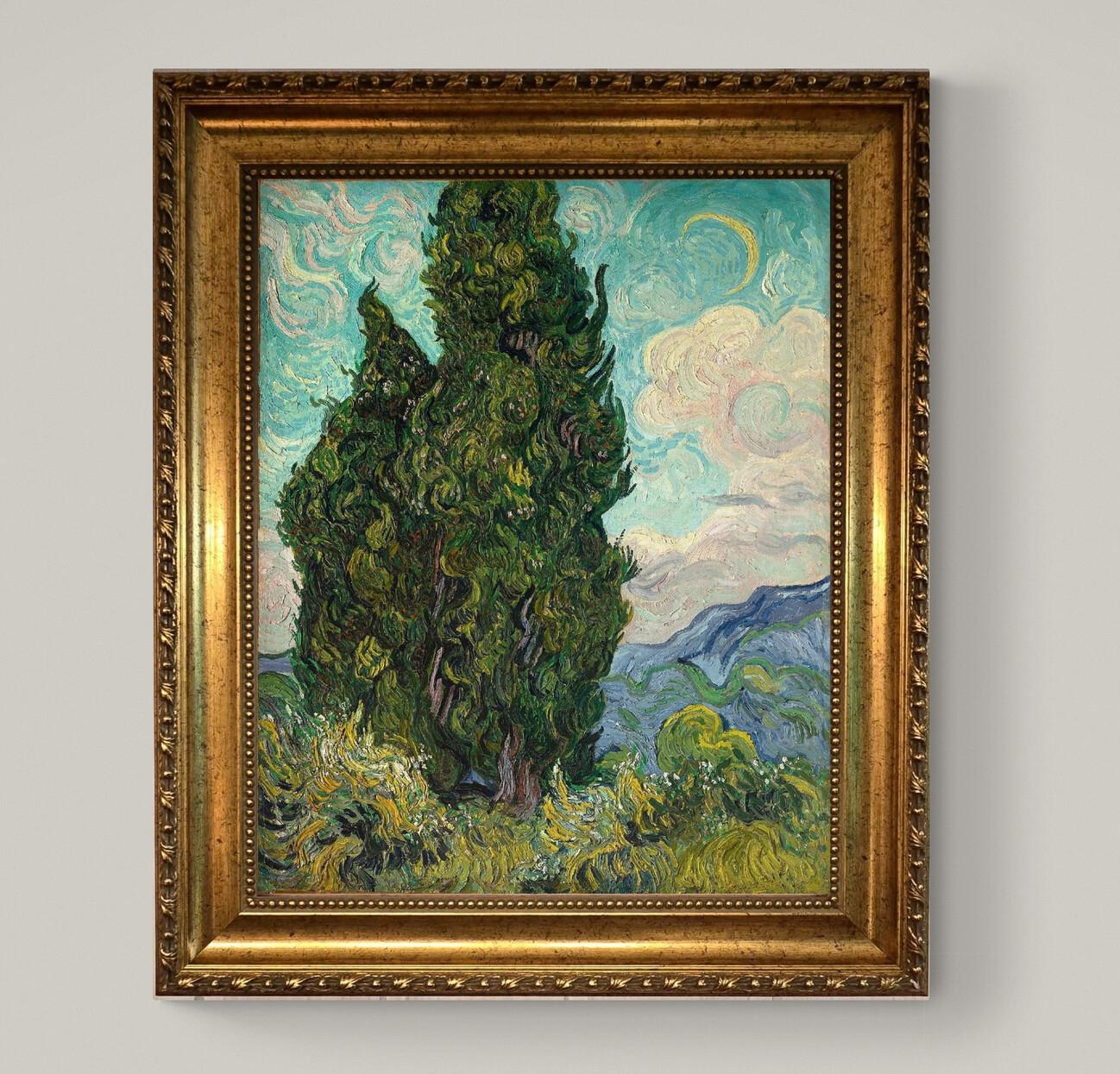 Van Gogh Cypresses 3D Canvas Print with Vintage Wooden Gold Frame, Brush Strokes FOSHE ART