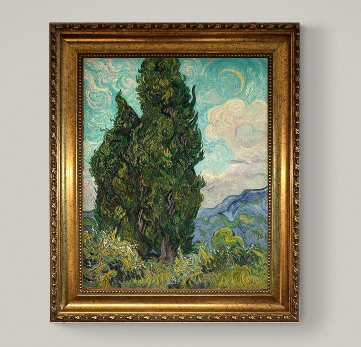 Van Gogh Cypresses 3D Canvas Print with Vintage Wooden Gold Frame, Brush Strokes FOSHE ART