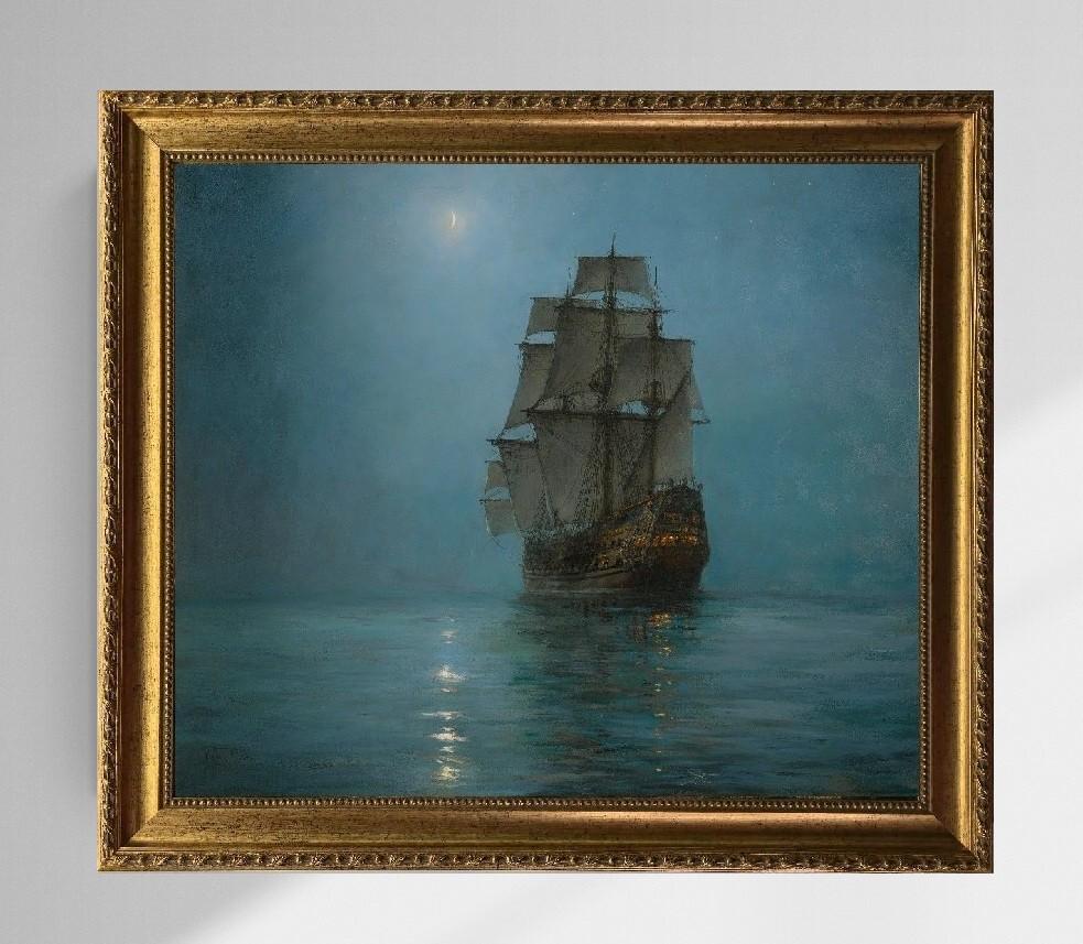 Montague Dawson "Crescent Moon", 3D Hand-Finished Canvas Print, Vintage Golden Frame FOSHE ART