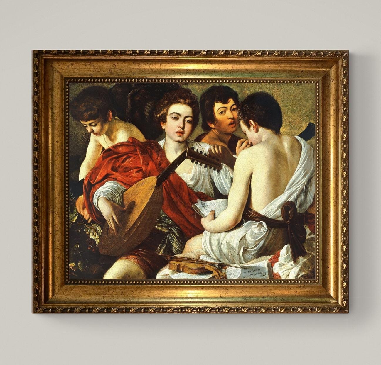 Caravaggio 'The Musicians' 3D Canvas Print with Vintage Gold Frame, Brush Strokes FOSHE ART