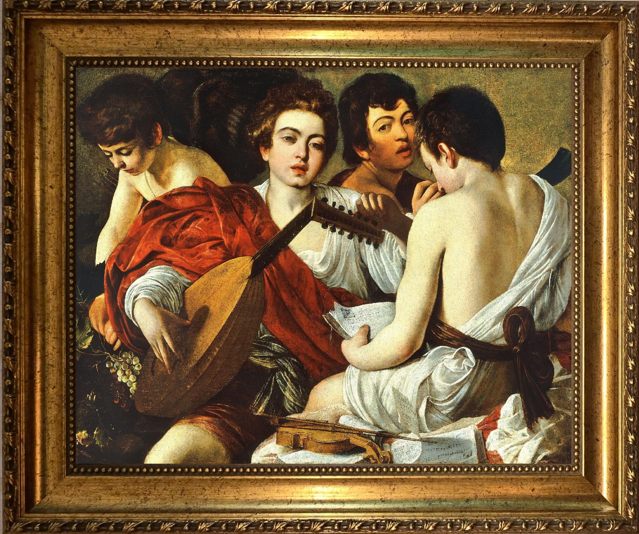 Caravaggio 'The Musicians' 3D Canvas Print with Vintage Gold Frame, Brush Strokes FOSHE ART