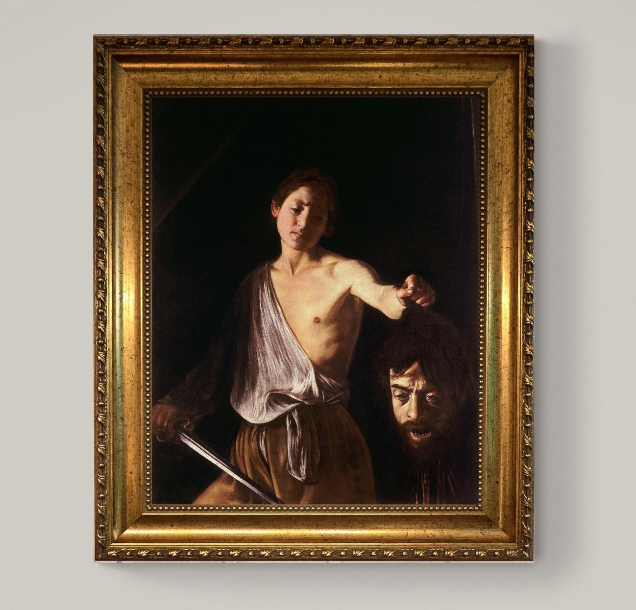Caravaggio David and Goliath 3D Canvas Print: Gold Wooden Frame, Brush Stroke Texture FOSHE ART