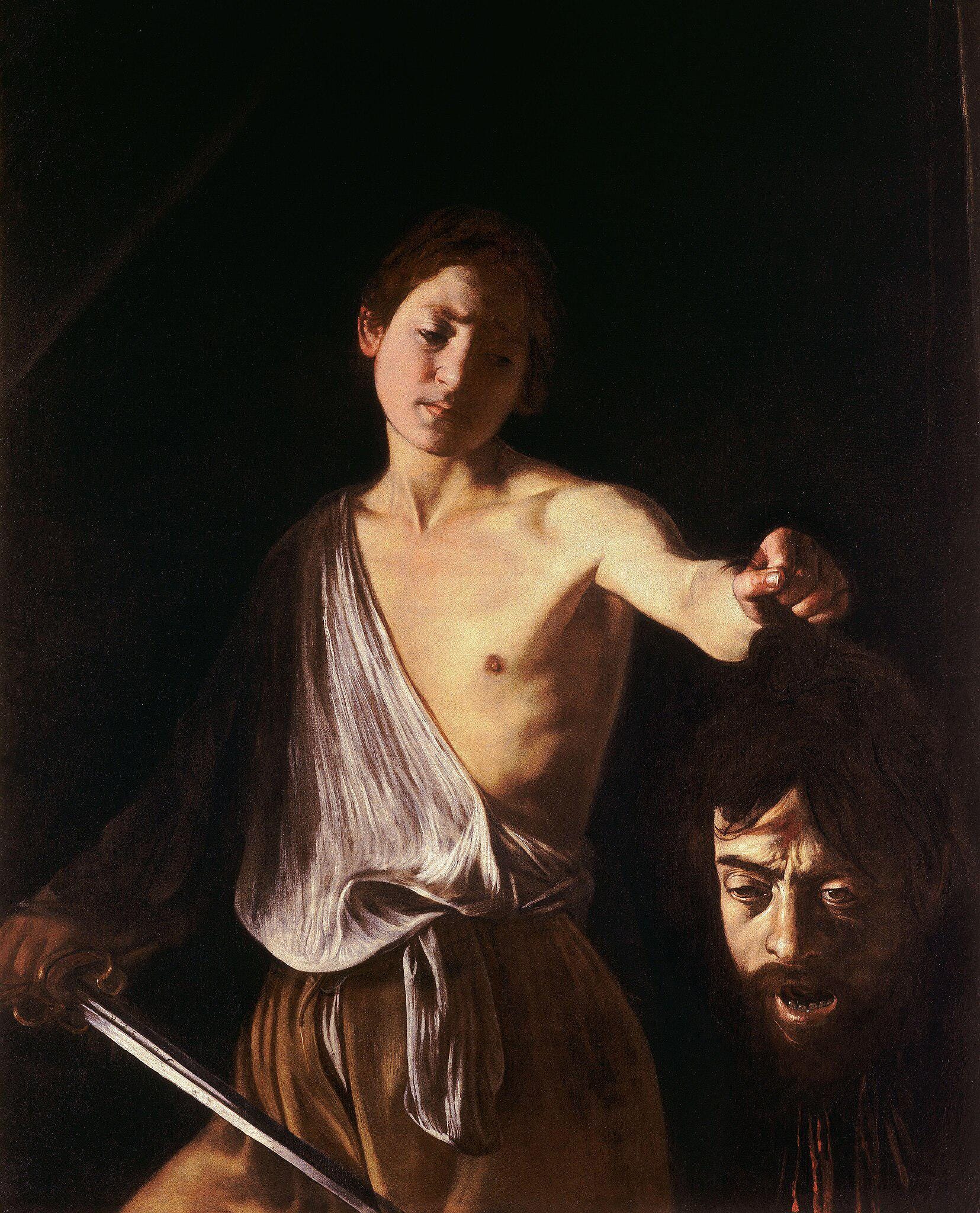 Caravaggio David and Goliath 3D Canvas Print: Gold Wooden Frame, Brush Stroke Texture FOSHE ART