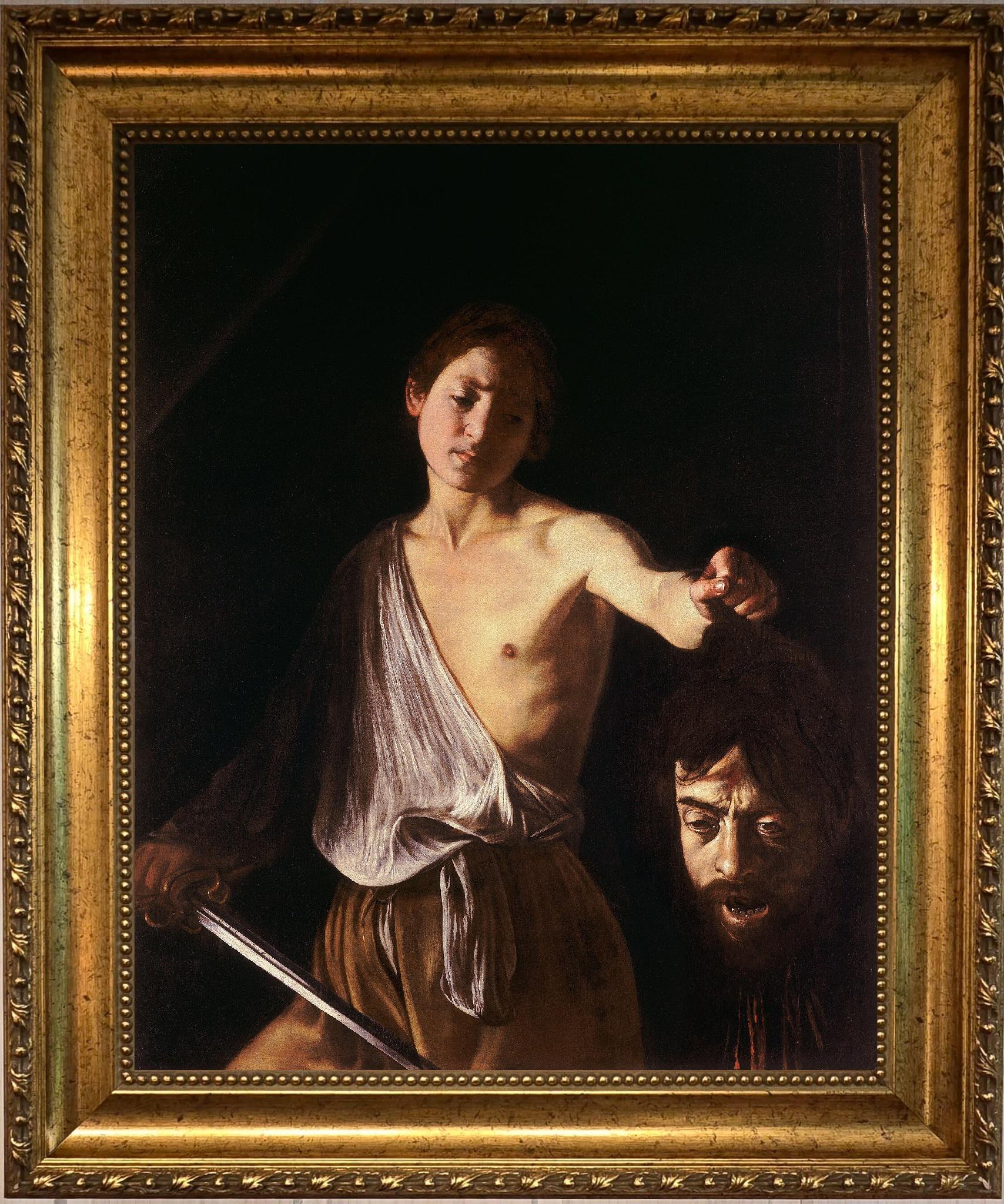 Caravaggio David and Goliath 3D Canvas Print: Gold Wooden Frame, Brush Stroke Texture FOSHE ART