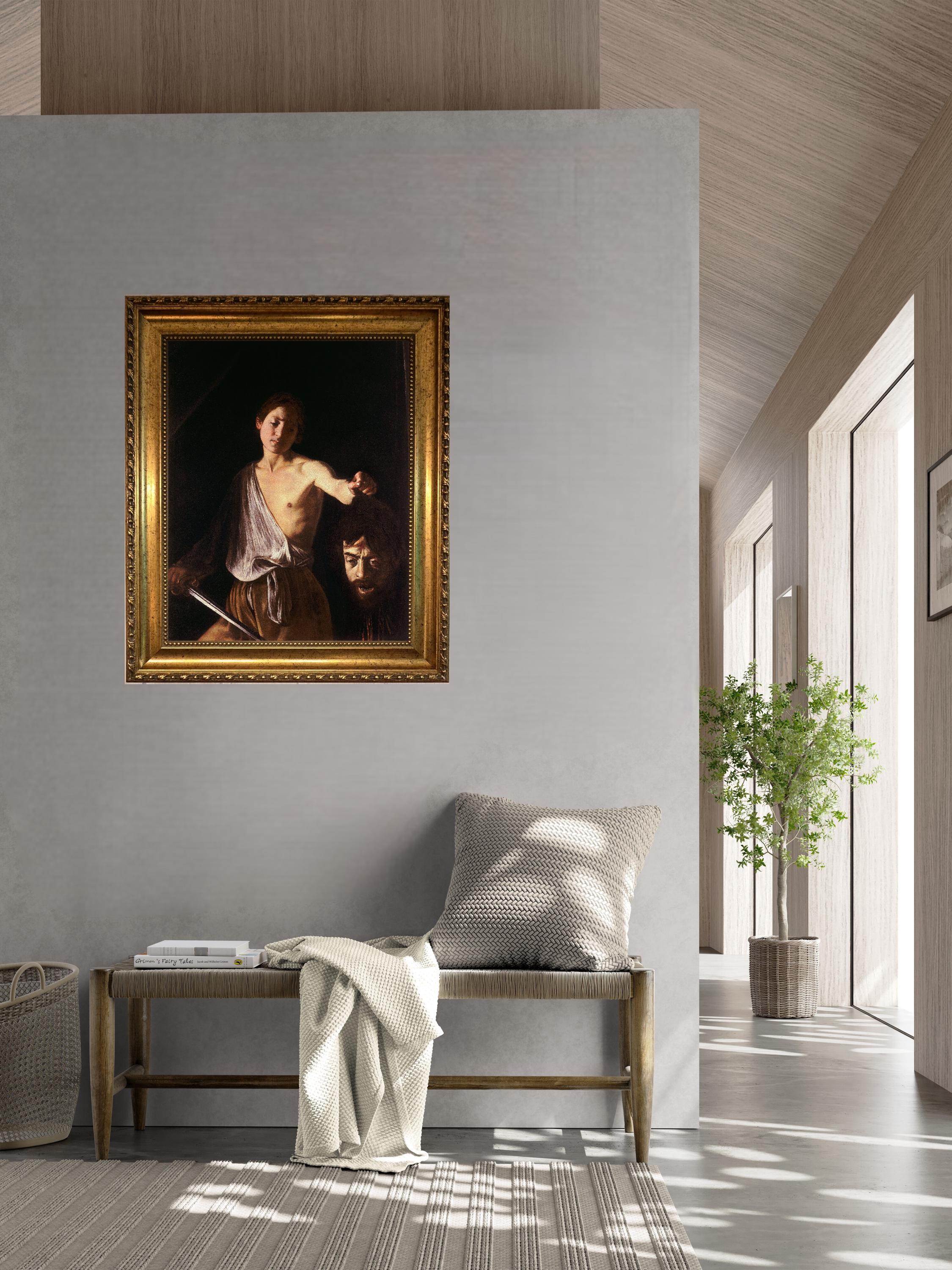 Caravaggio David and Goliath 3D Canvas Print: Gold Wooden Frame, Brush Stroke Texture FOSHE ART