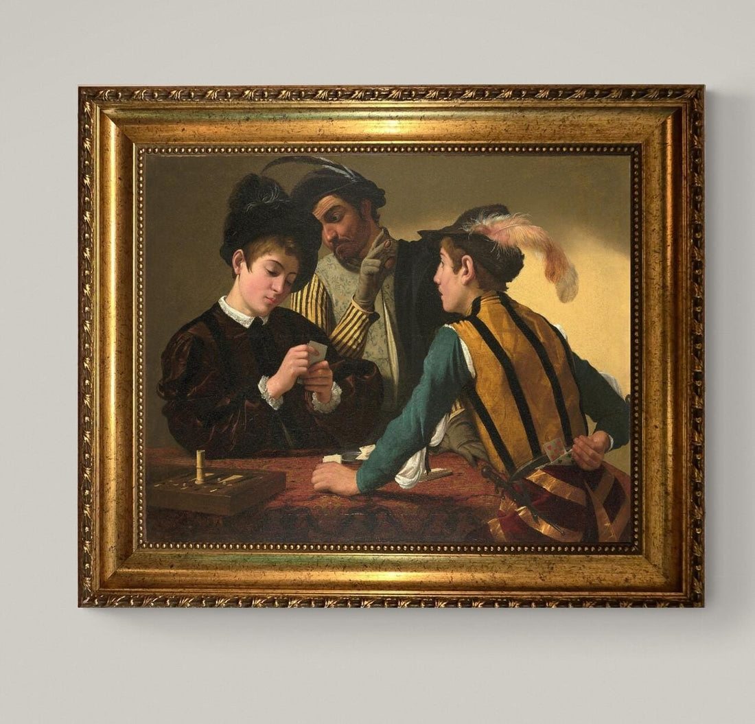 Cardsharps by Caravaggio, 3D Canvas Print with Brush Strokes and Wooden Gold Frame FOSHE ART