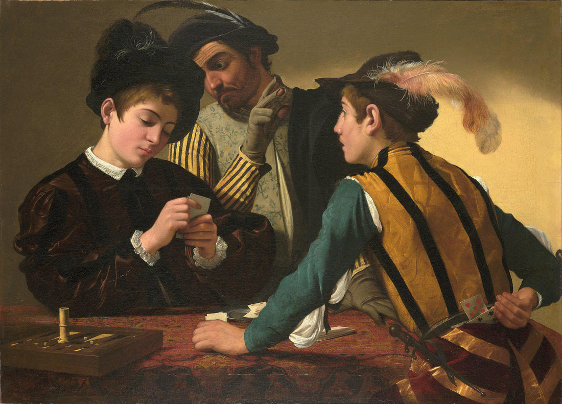 Cardsharps by Caravaggio, 3D Canvas Print with Brush Strokes and Wooden Gold Frame FOSHE ART