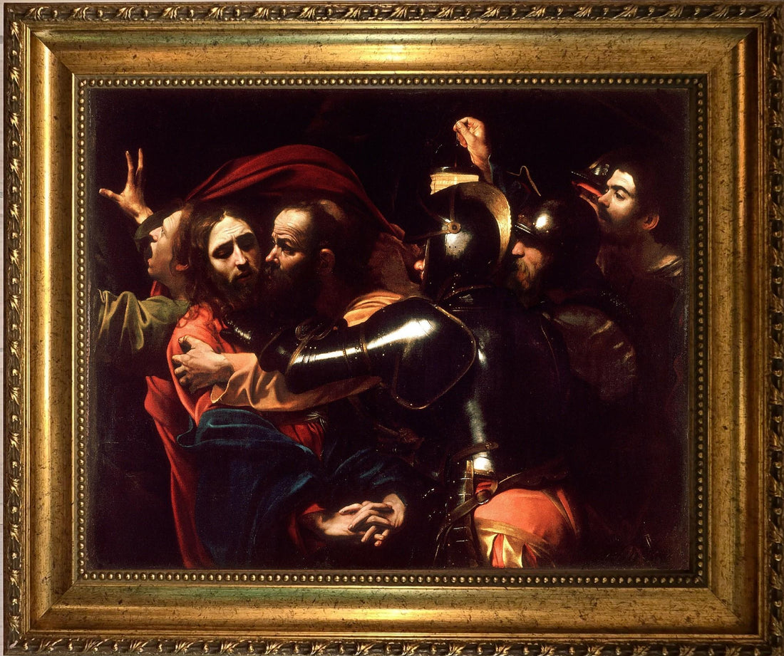 The Talking of Chris by Caravaggio, Premium 3D Canvas Print with brush strokes and vintage wooden gold frame FOSHE ART