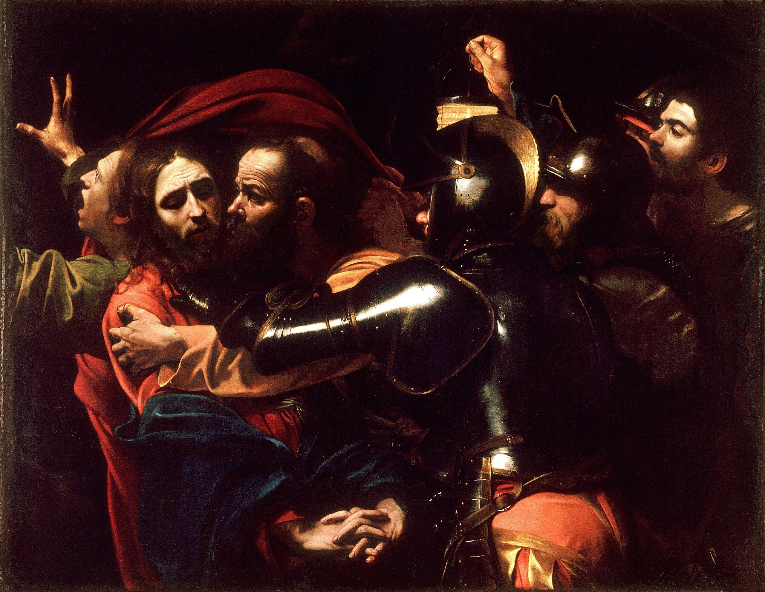 The Talking of Chris by Caravaggio, Premium 3D Canvas Print with brush strokes and vintage wooden gold frame FOSHE ART