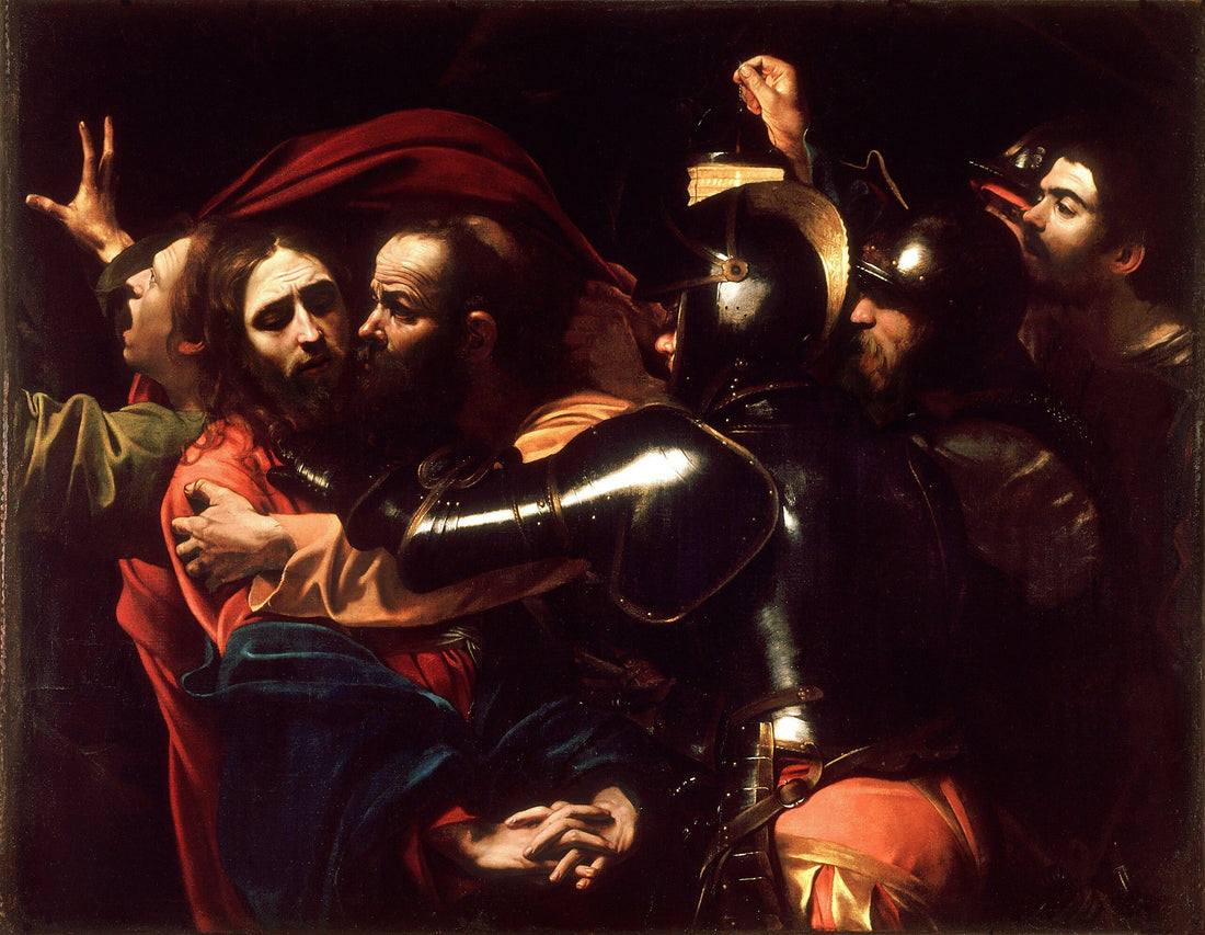 The Talking of Chris by Caravaggio, Premium 3D Canvas Print with brush strokes and vintage wooden gold frame FOSHE ART