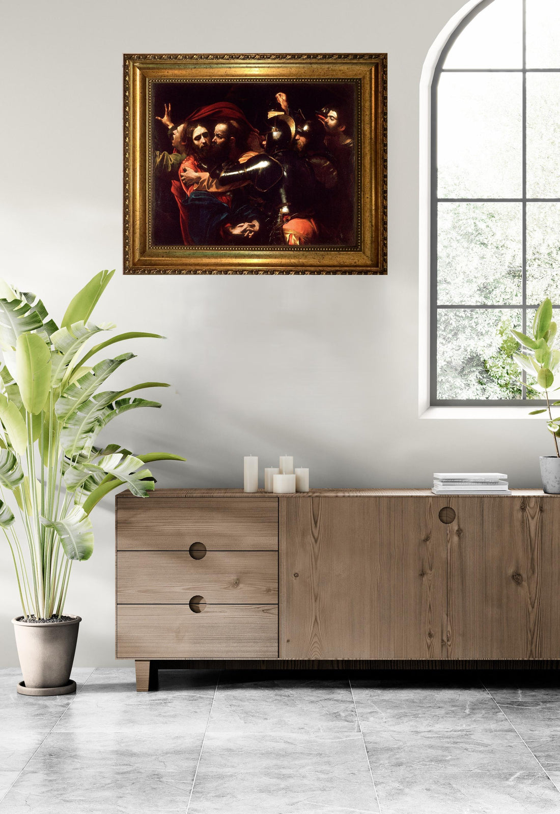 The Talking of Chris by Caravaggio, Premium 3D Canvas Print with brush strokes and vintage wooden gold frame FOSHE ART