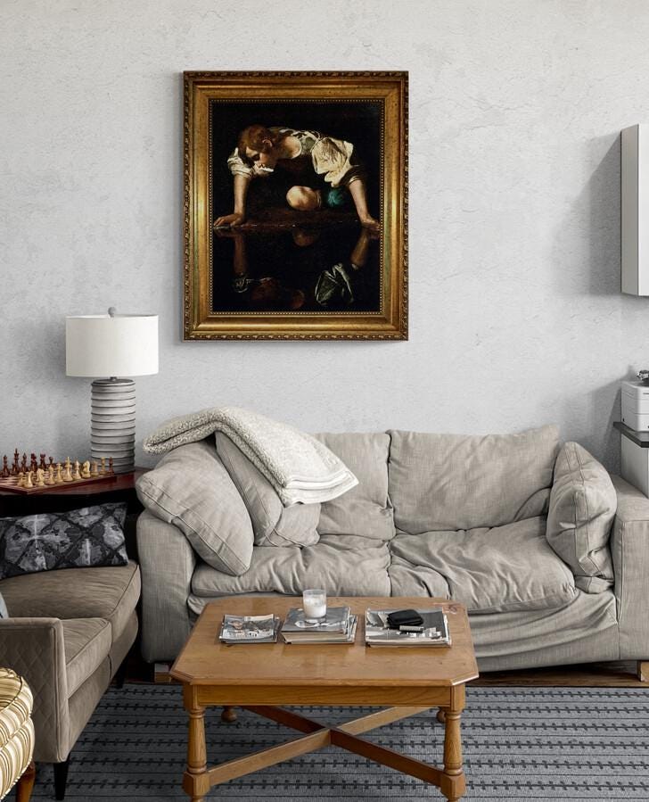 Caravaggio Narcissus Canvas Print, Brush Stroke Texture, Vintage Gold Wooden Frame FOSHE ART