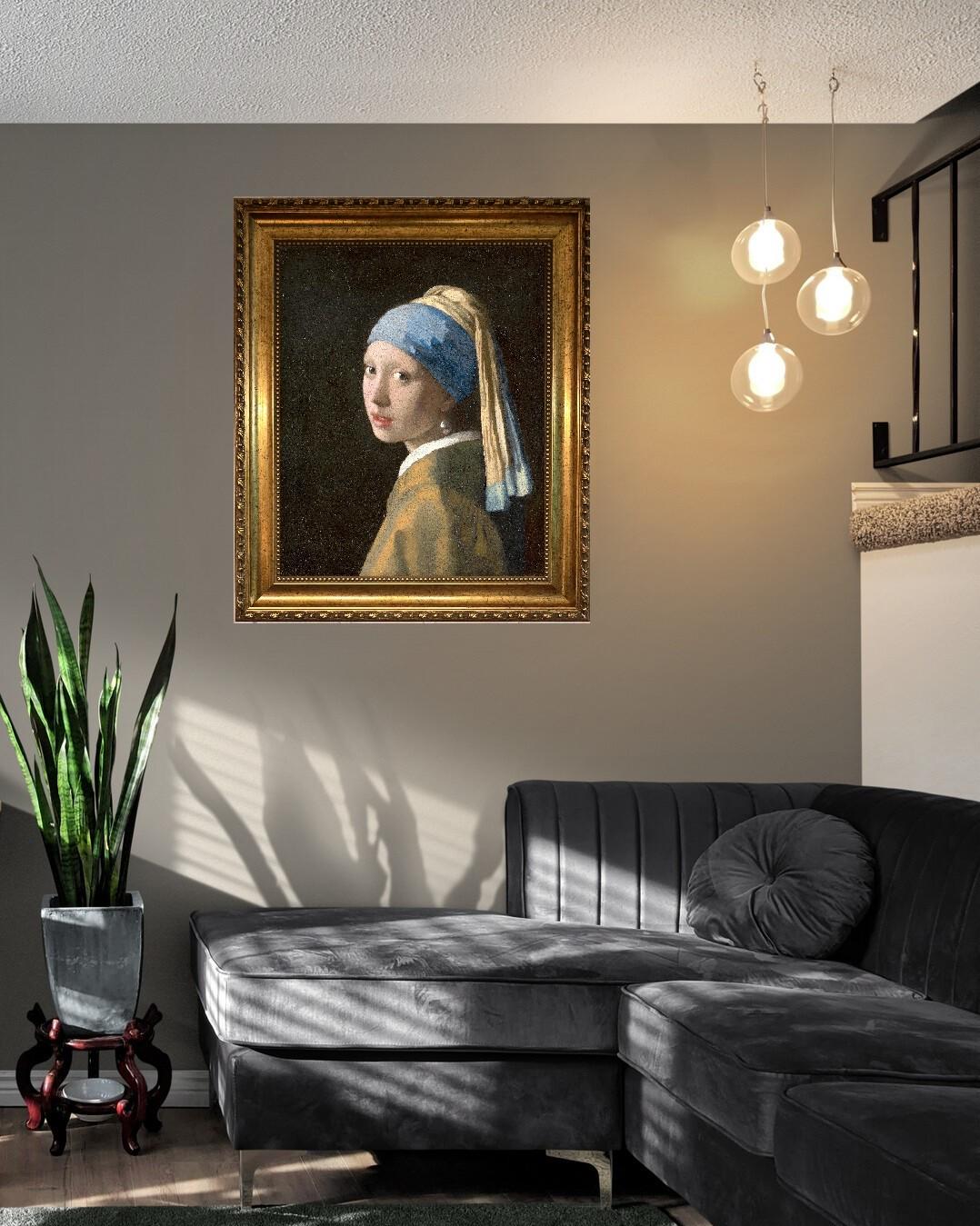 Vermeer Girl with a Pearl Earring, 3D Canvas Print Reproduction with Vintage Gold Wooden Frame FOSHE ART